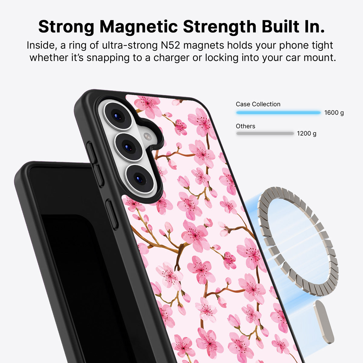 Samsung Galaxy S26 Qi2 magnetic case with N52 magnets – Cherry Blossom design