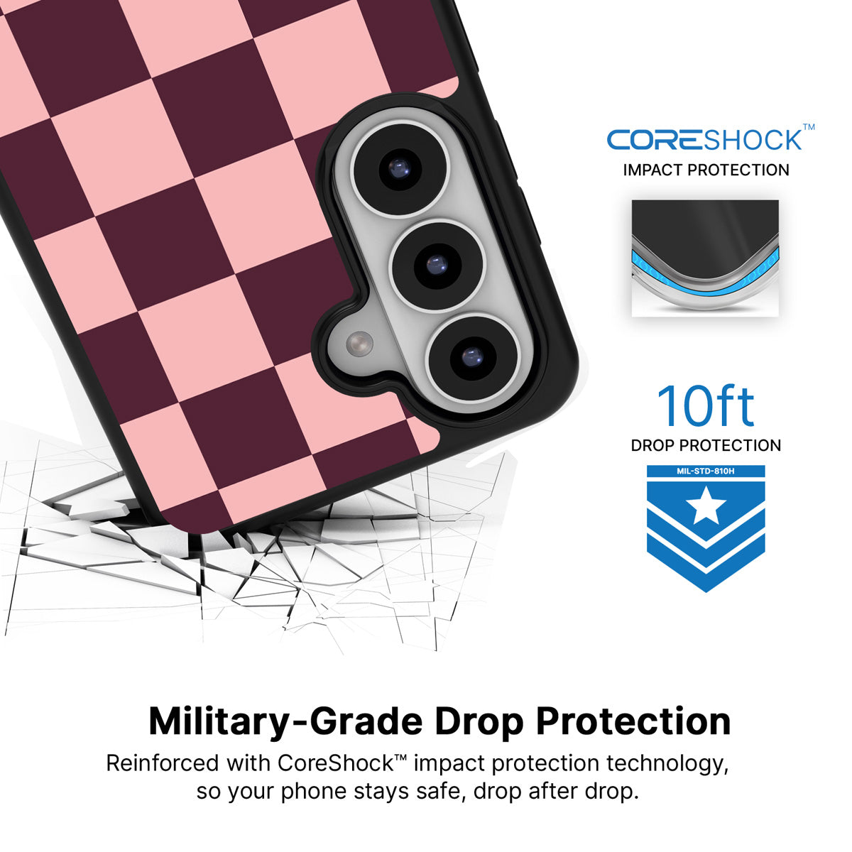 Claret Tile Samsung Galaxy S26 Plus case with 10ft military-grade drop protection