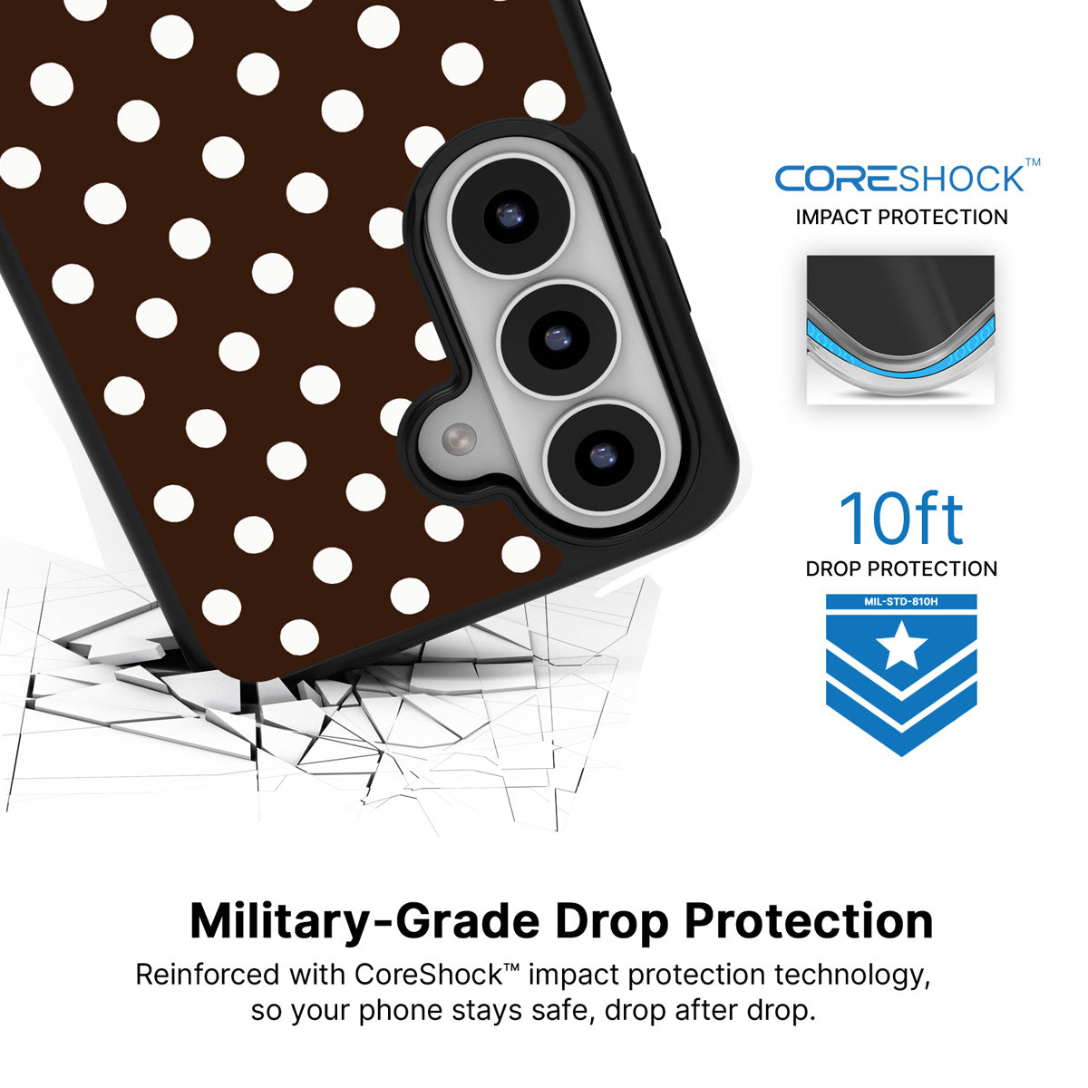 Cocoa Confetti Samsung Galaxy S26 Plus case with 10ft military-grade drop protection