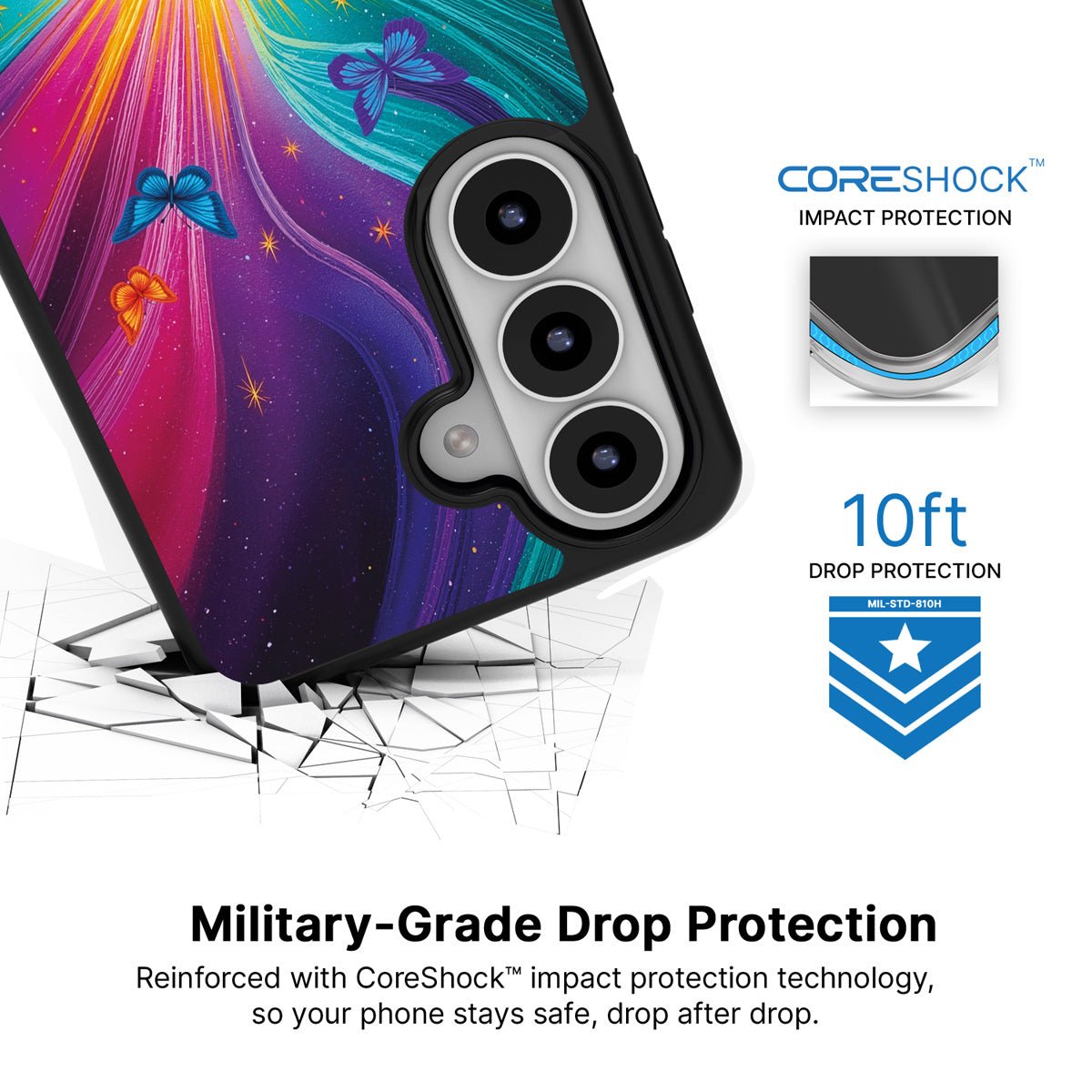 Cosmic Aura Samsung Galaxy S26 Plus case with 10ft military-grade drop protection