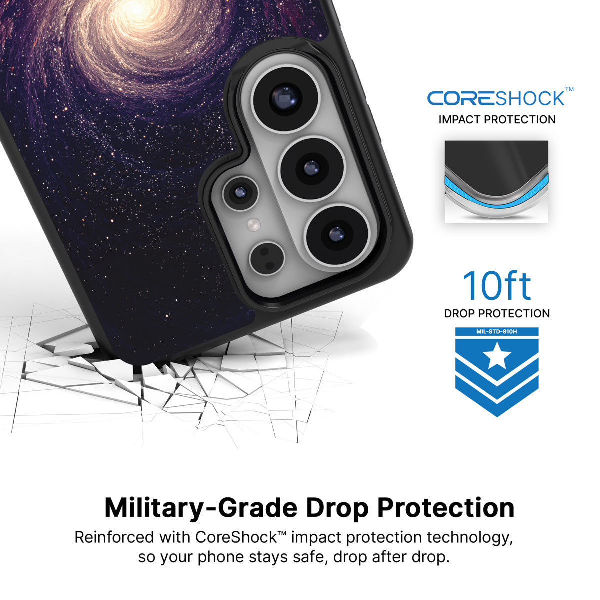 Cosmic Vortex Samsung Galaxy S26 Ultra case with 10ft military-grade drop protection
