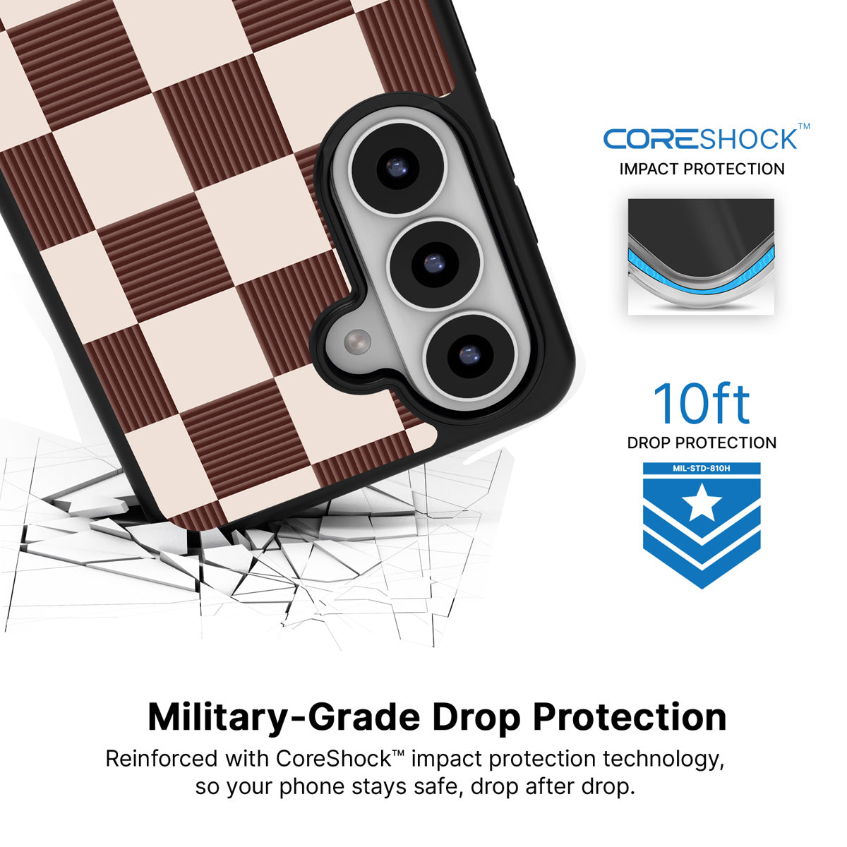 Elegance Espresso Samsung Galaxy S26 case with 10ft military-grade drop protection