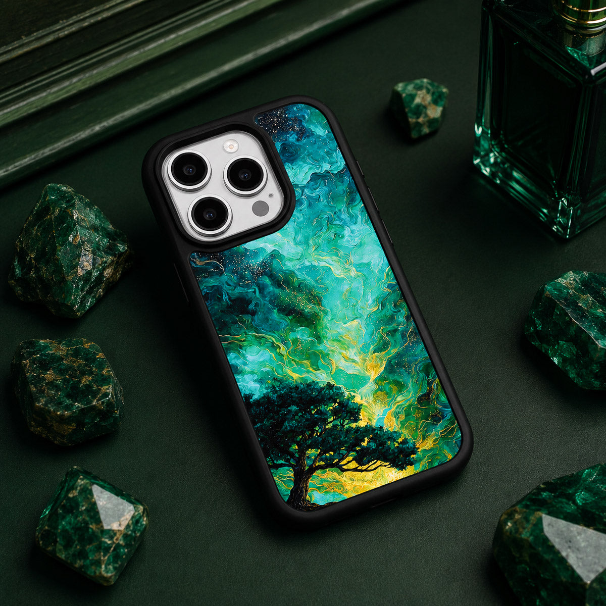 Dark Green Designer iPhone 15 Case – Emerald Storm | MagSafe
