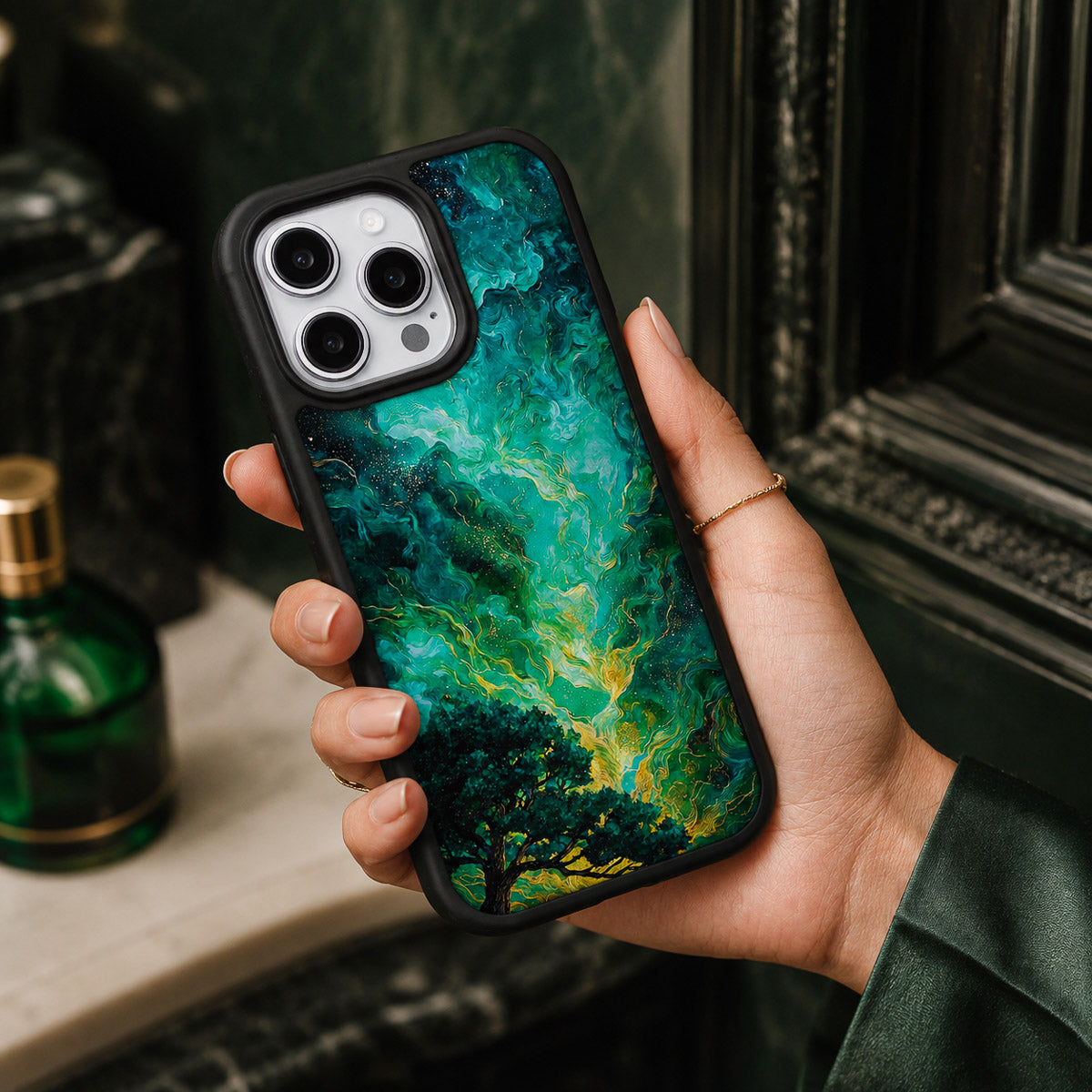 Dark Green Designer iPhone 15 Case – Emerald Storm | MagSafe