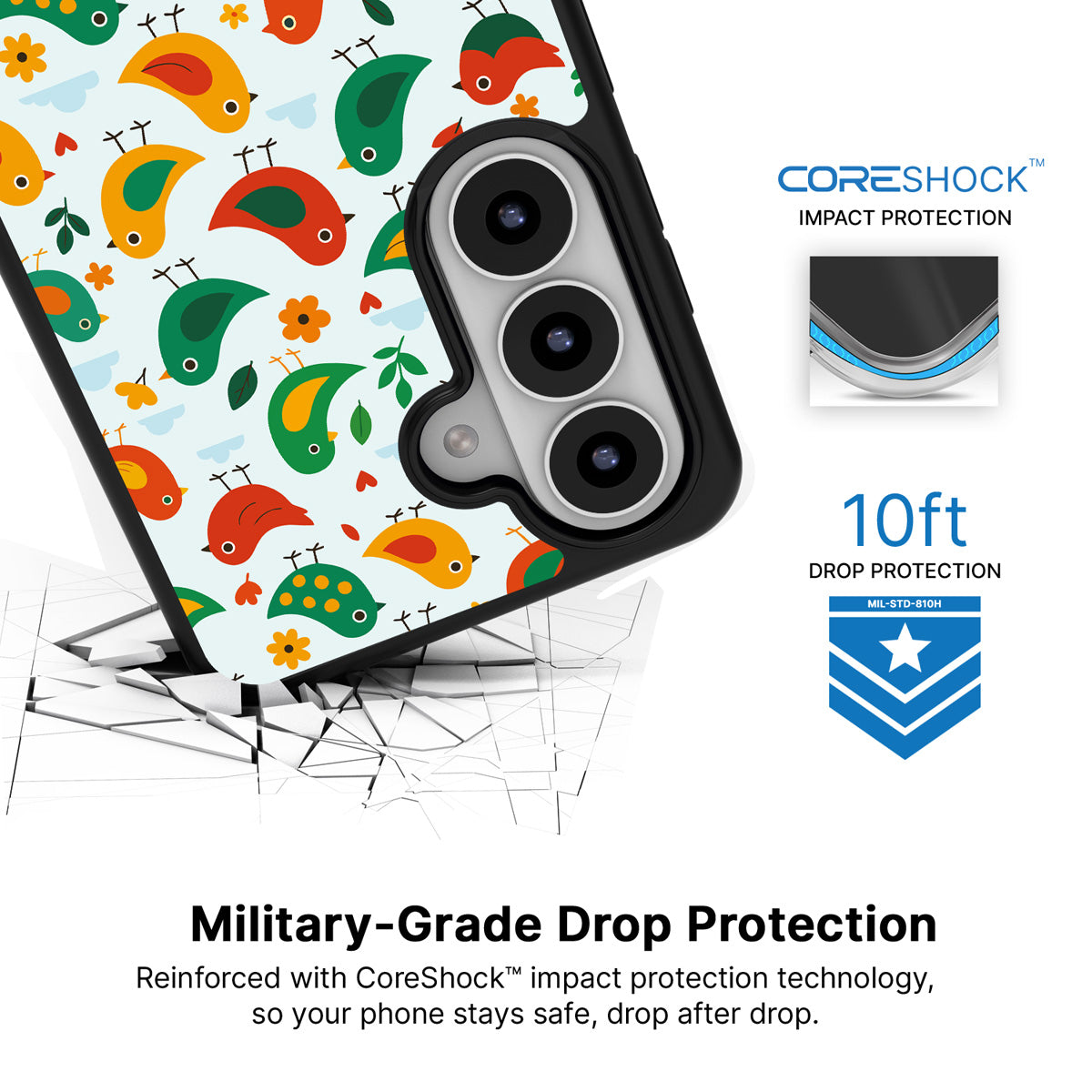Feathered Friends Samsung Galaxy S26 case with 10ft military-grade drop protection