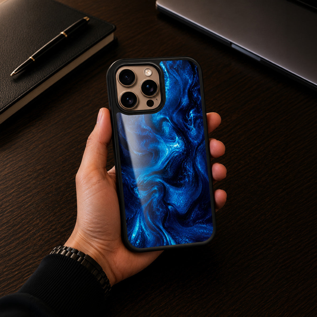 Blue Marble Designer iPhone 15 Case – Indigo Impasto | MagSafe