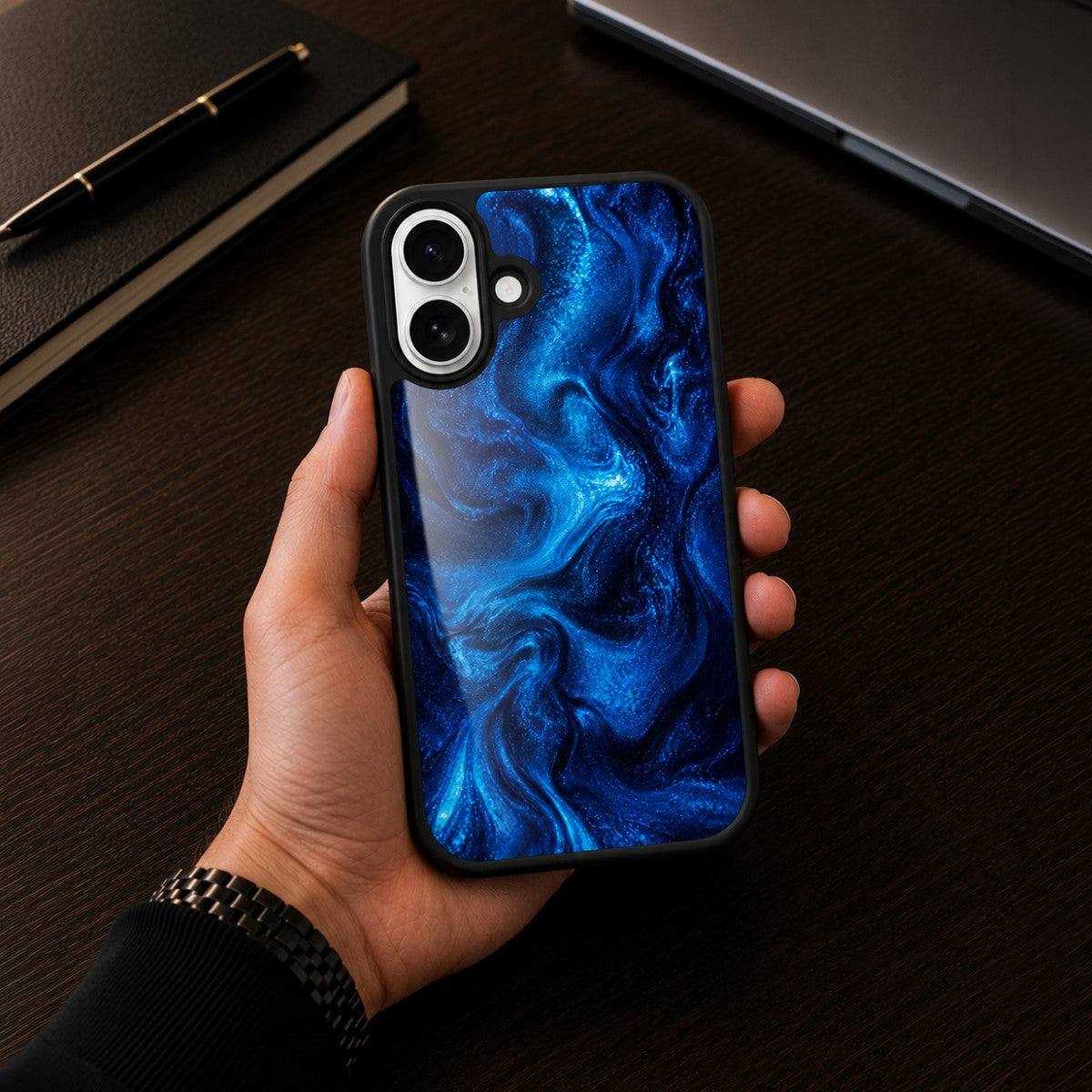 Blue Marble Designer iPhone 16 Plus Case – Indigo Impasto | MagSafe — view 2