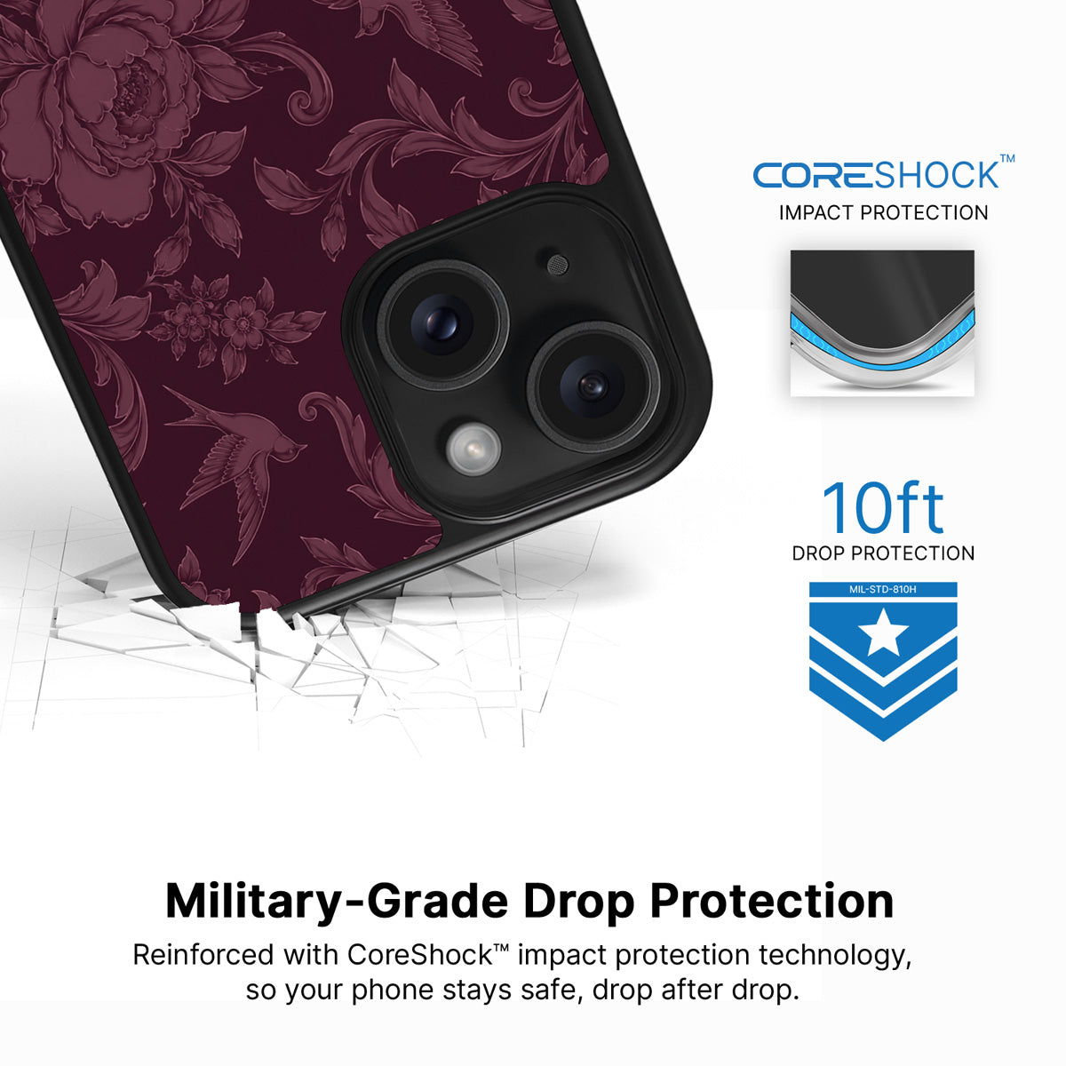 Swallow Damask iPhone 14 case with drop protection
