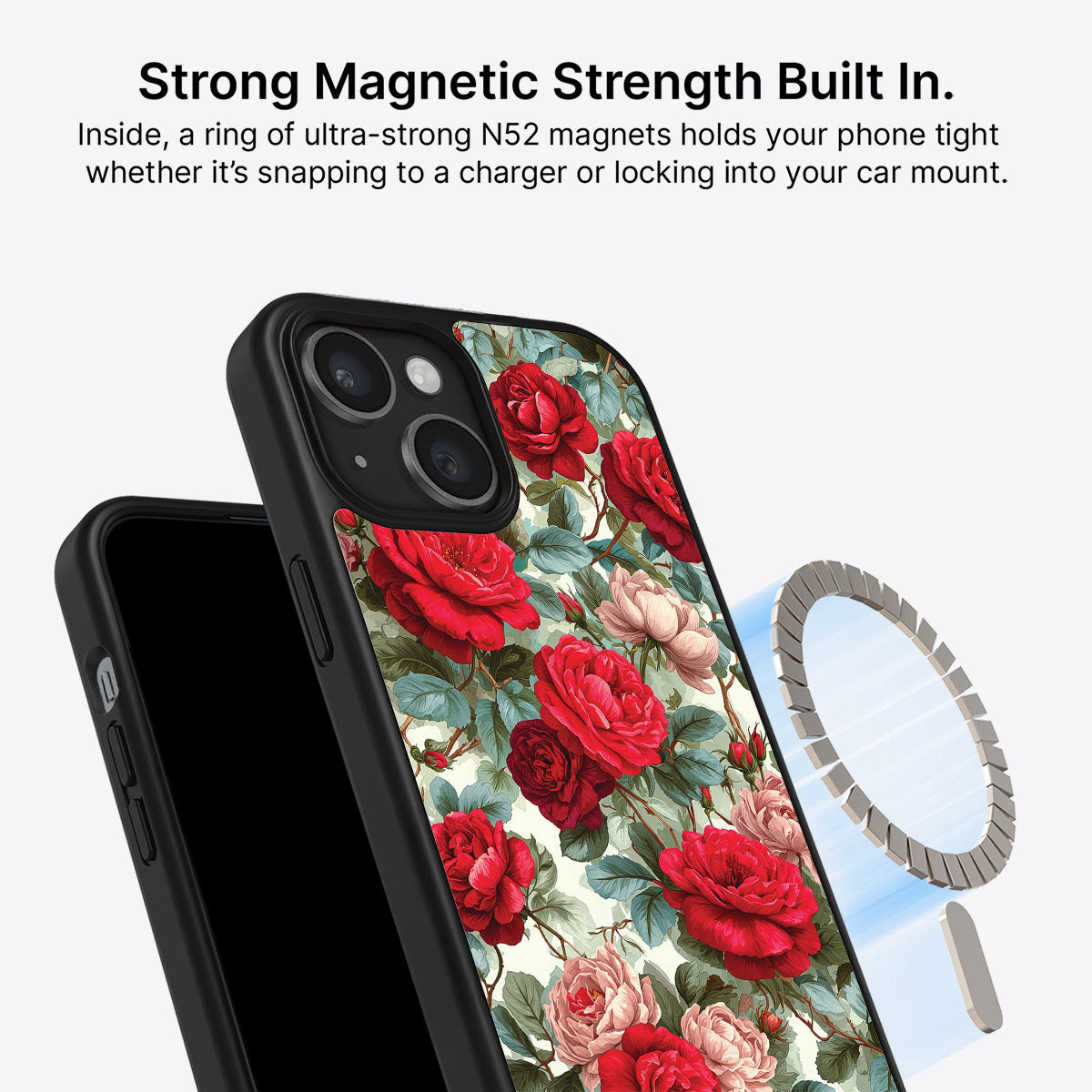 Red Floral Designer iPhone 14 Plus Case – Ruby Roses | MagSafe
