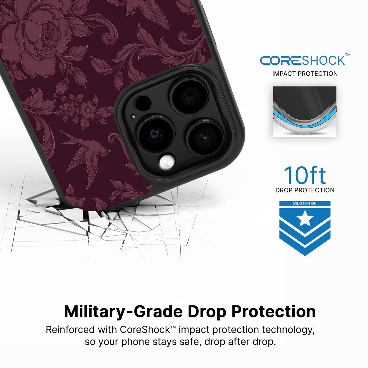 Swallow Damask iPhone 14 Pro Max case with drop protection