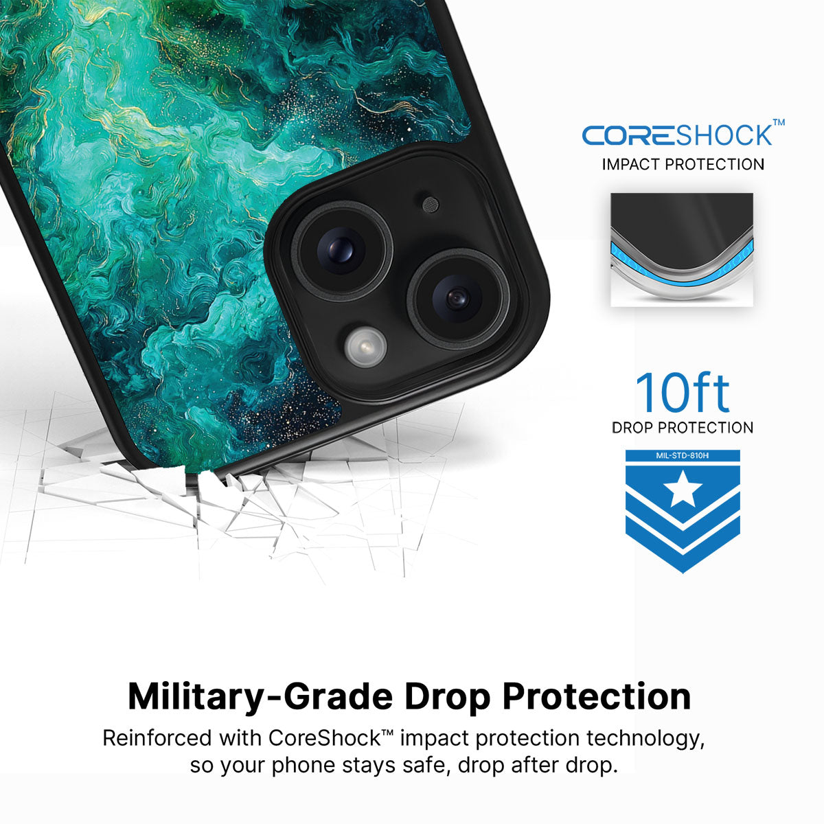Emerald Storm iPhone 15 case with drop protection
