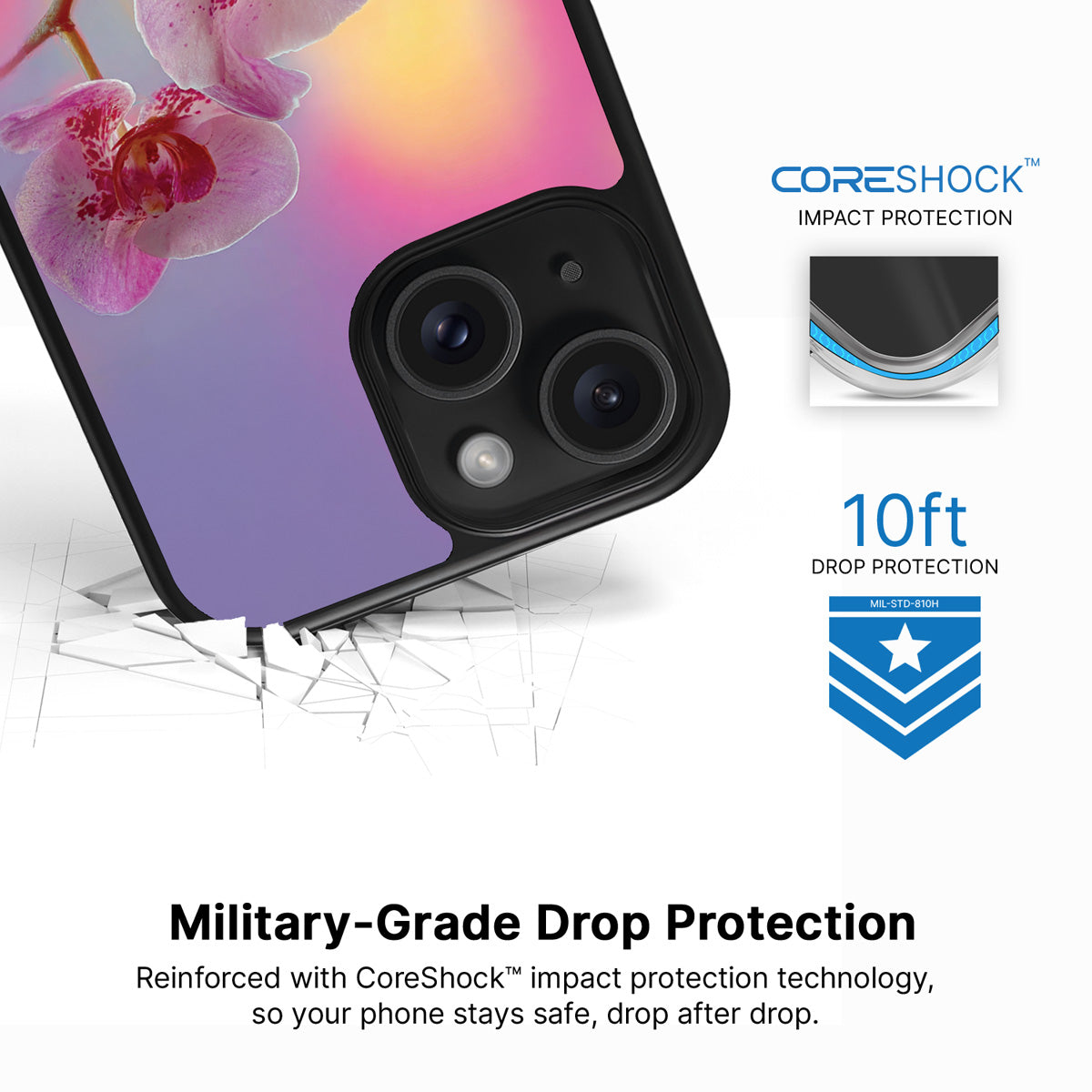 Orchid Dream iPhone 15 case with drop protection