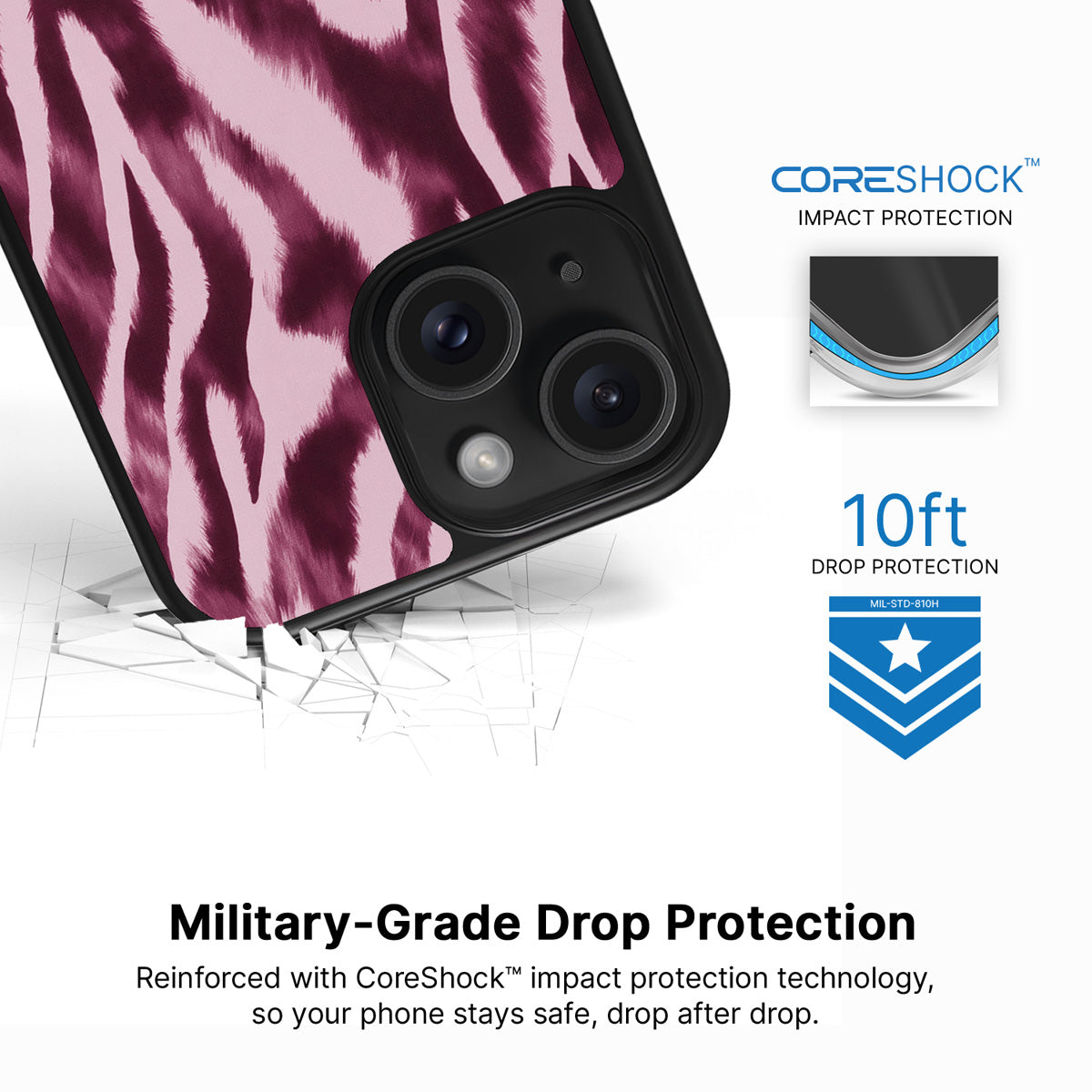 Sangria Zebra iPhone 15 case with drop protection