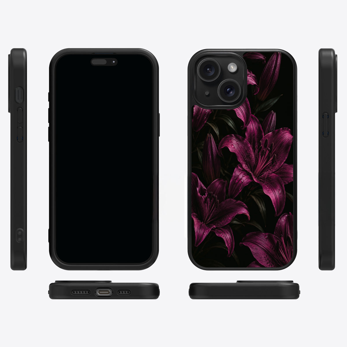 Burgundy Lily iPhone 15 Plus case cover – multi-angle view