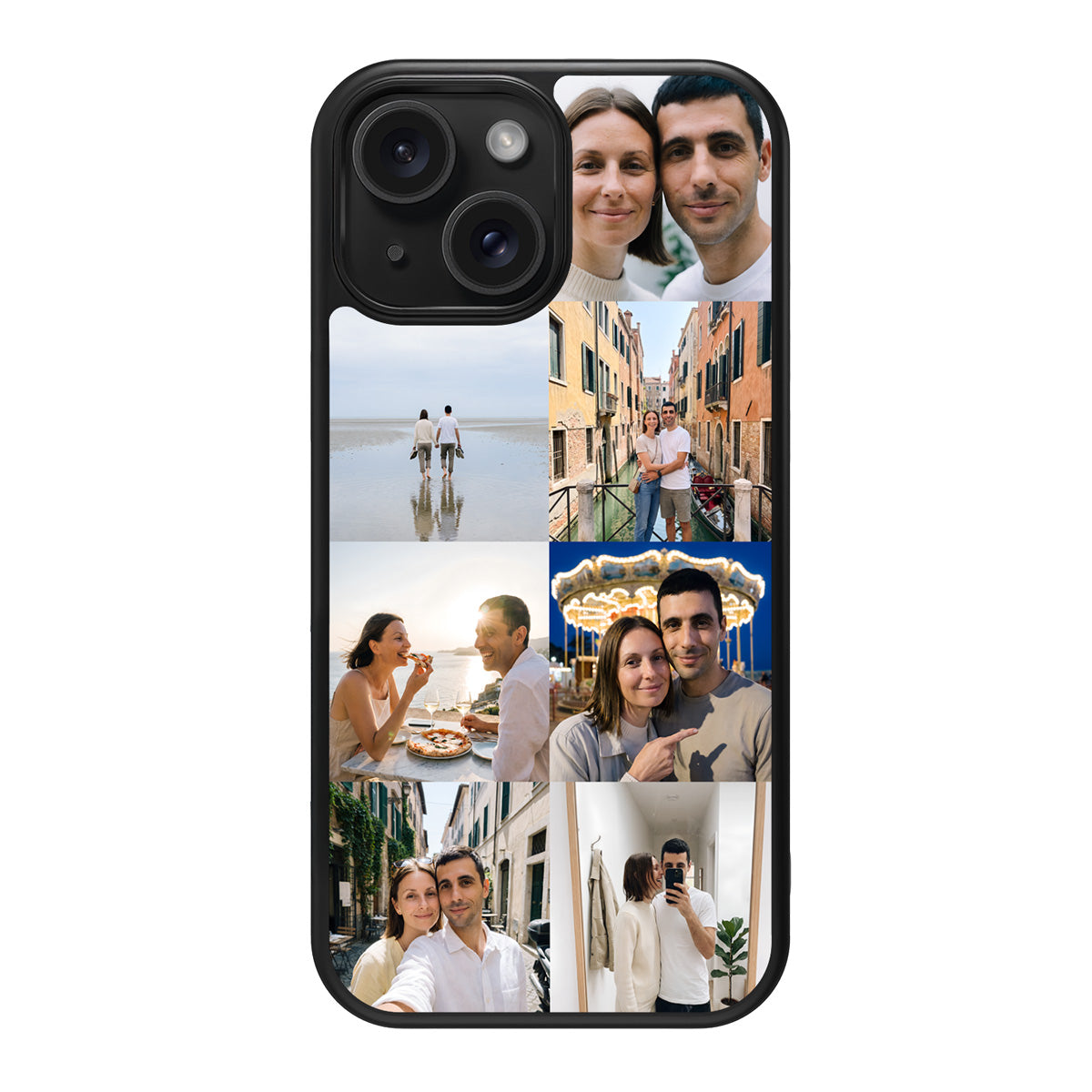 Personalised Photo Collage iPhone 15 Plus case – back view, couples 7-photo collage