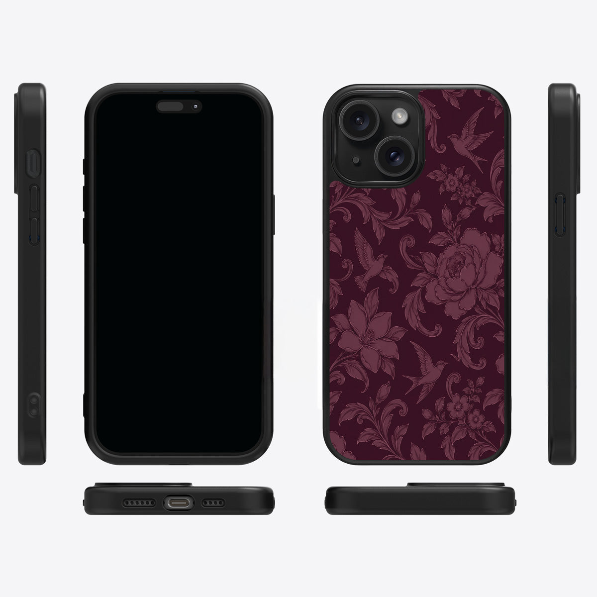 Swallow Damask iPhone 15 Plus case cover – multi-angle view