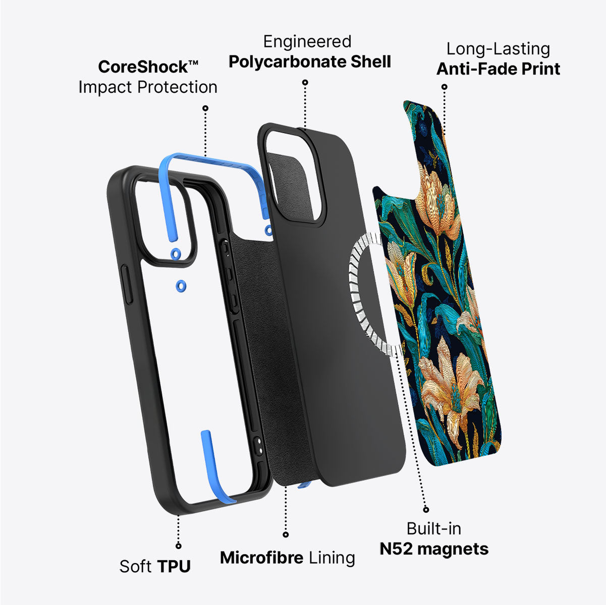 Blue Floral Designer iPhone 15 Plus Case – Tulip Play | MagSafe