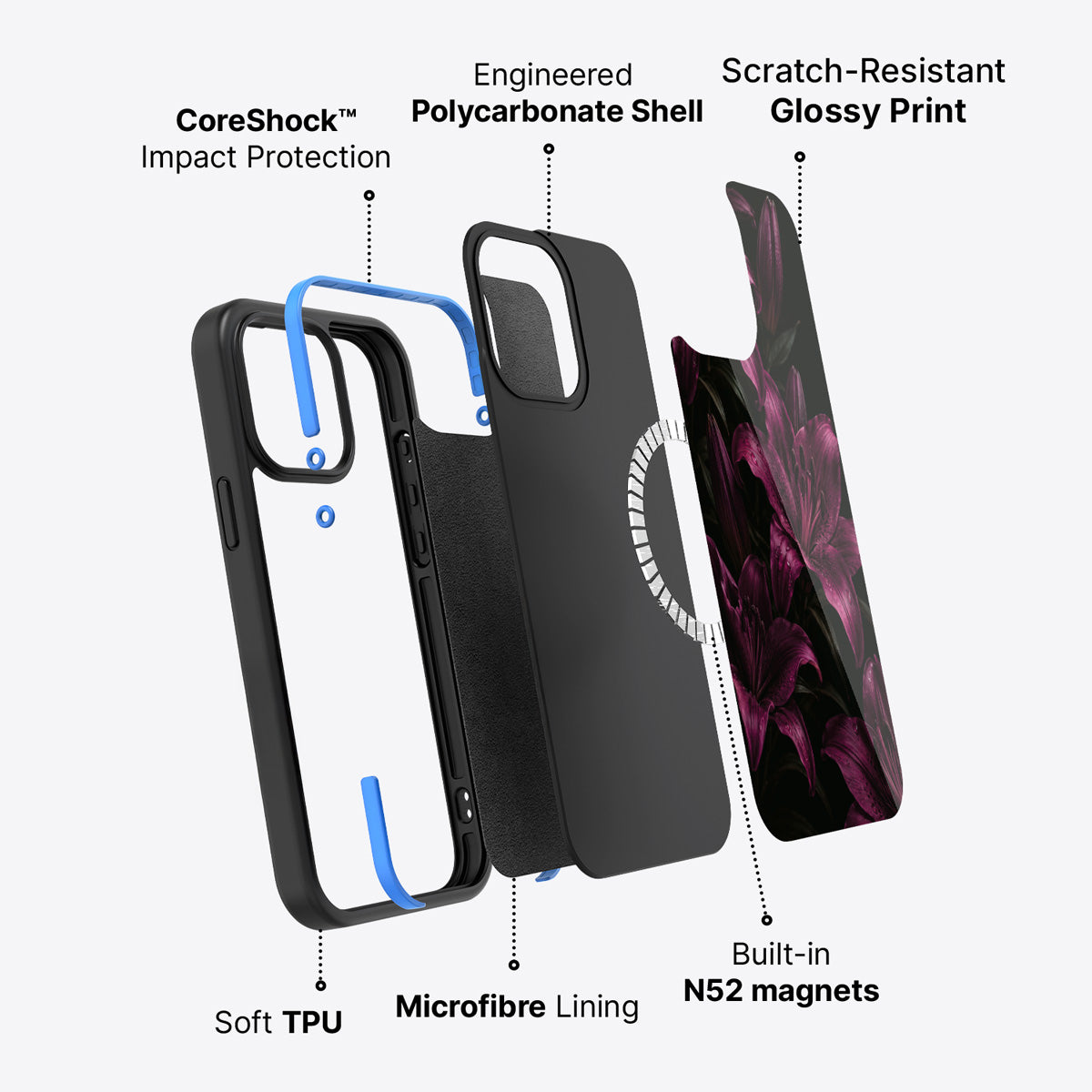 iPhone 15 Pro case construction – Burgundy Lily phone case