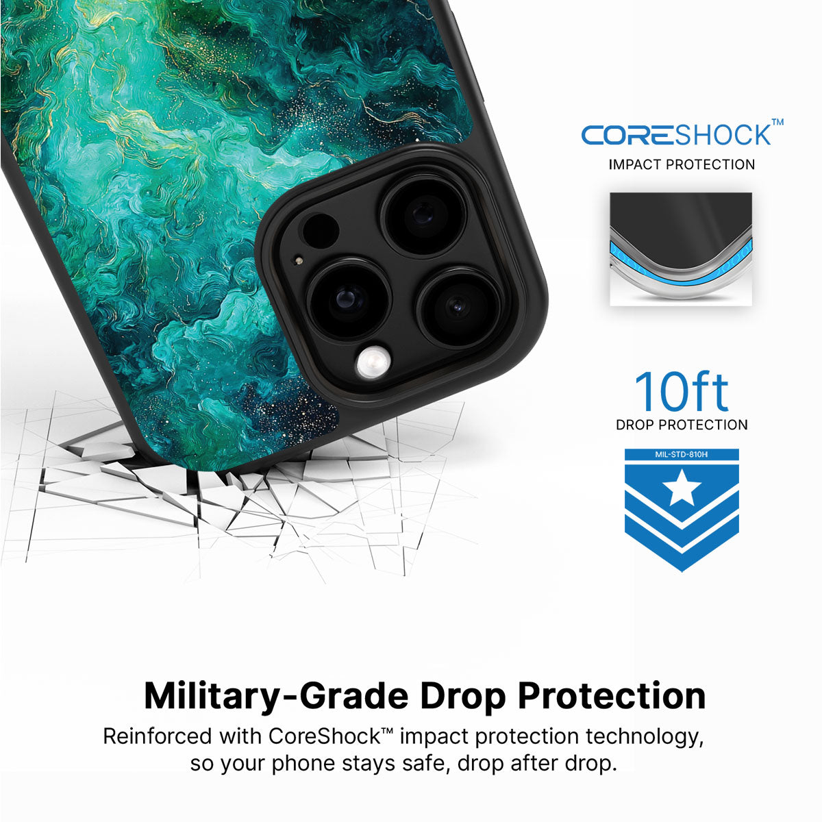 Emerald Storm iPhone 15 Pro Max case with drop protection