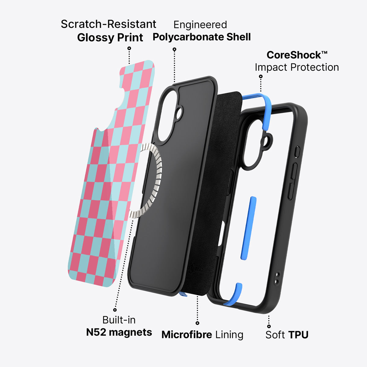 Blue Checkered Designer iPhone 16 Case – Candy Floss | MagSafe