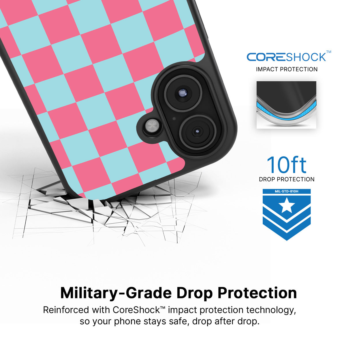 Blue Checkered Designer iPhone 16 Case – Candy Floss | MagSafe