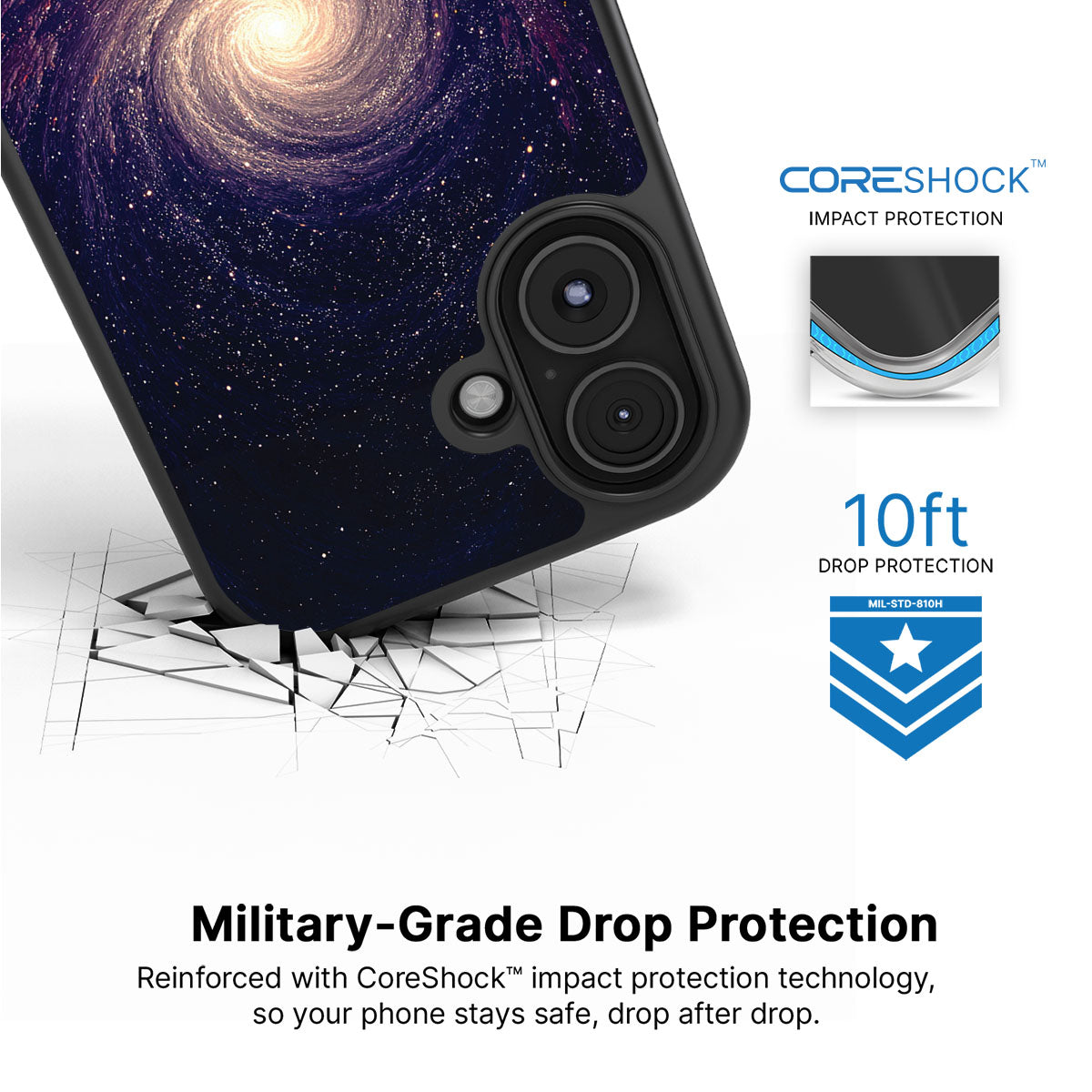 Cosmic Vortex iPhone 16 Plus case with drop protection
