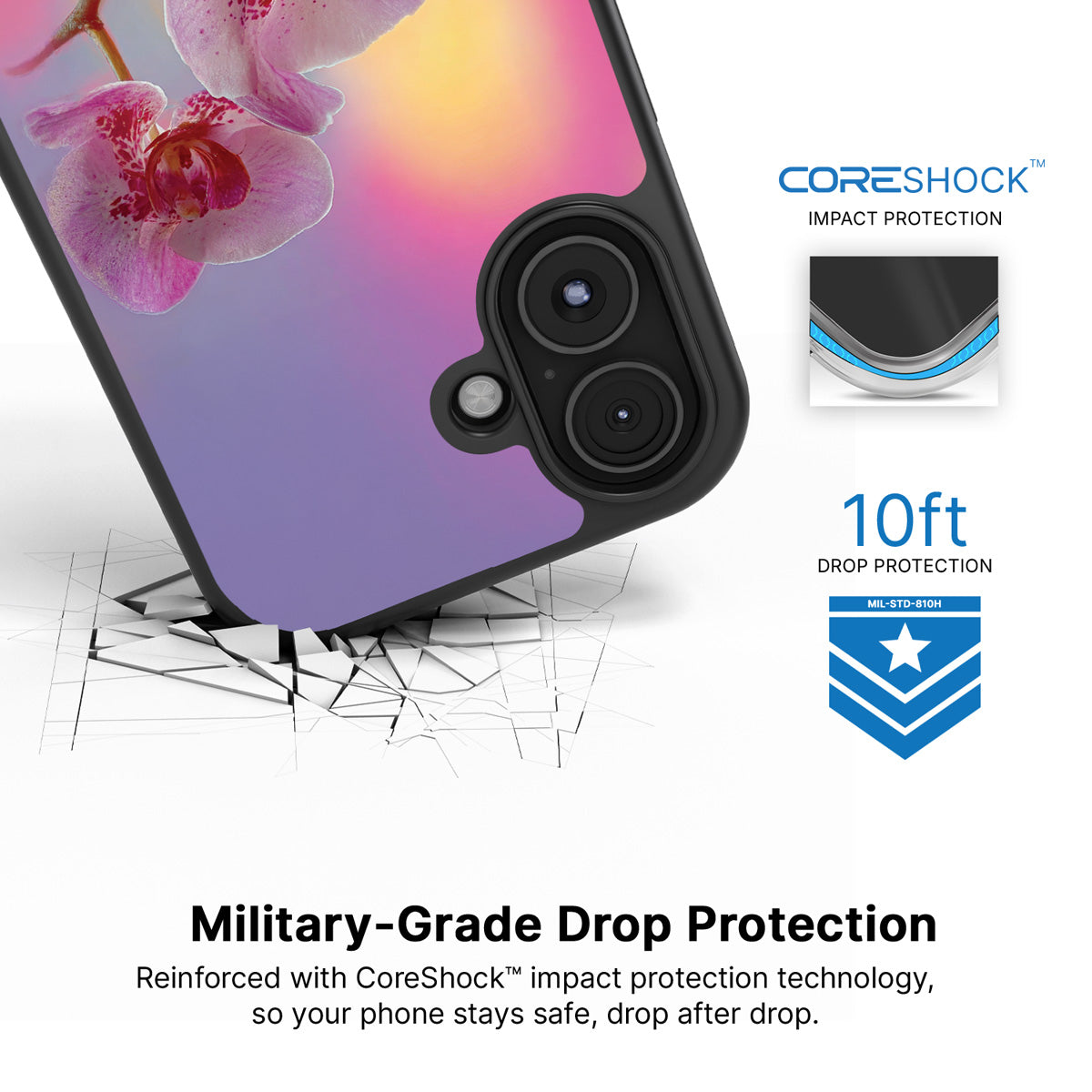 Orchid Dream iPhone 16 Plus case with drop protection