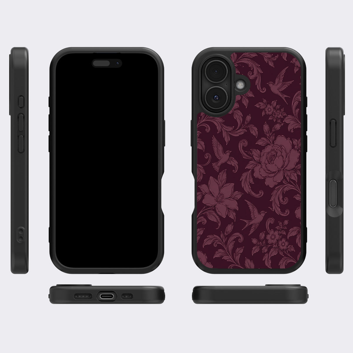Swallow Damask iPhone 16 Plus case cover – multi-angle view