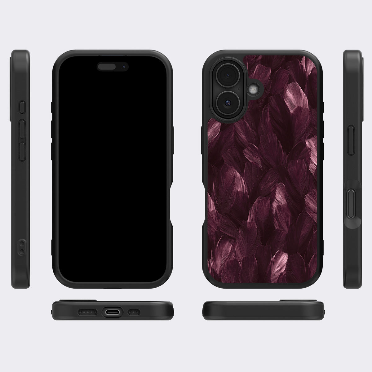 Wine Plumage iPhone 16 Plus case cover – multi-angle view