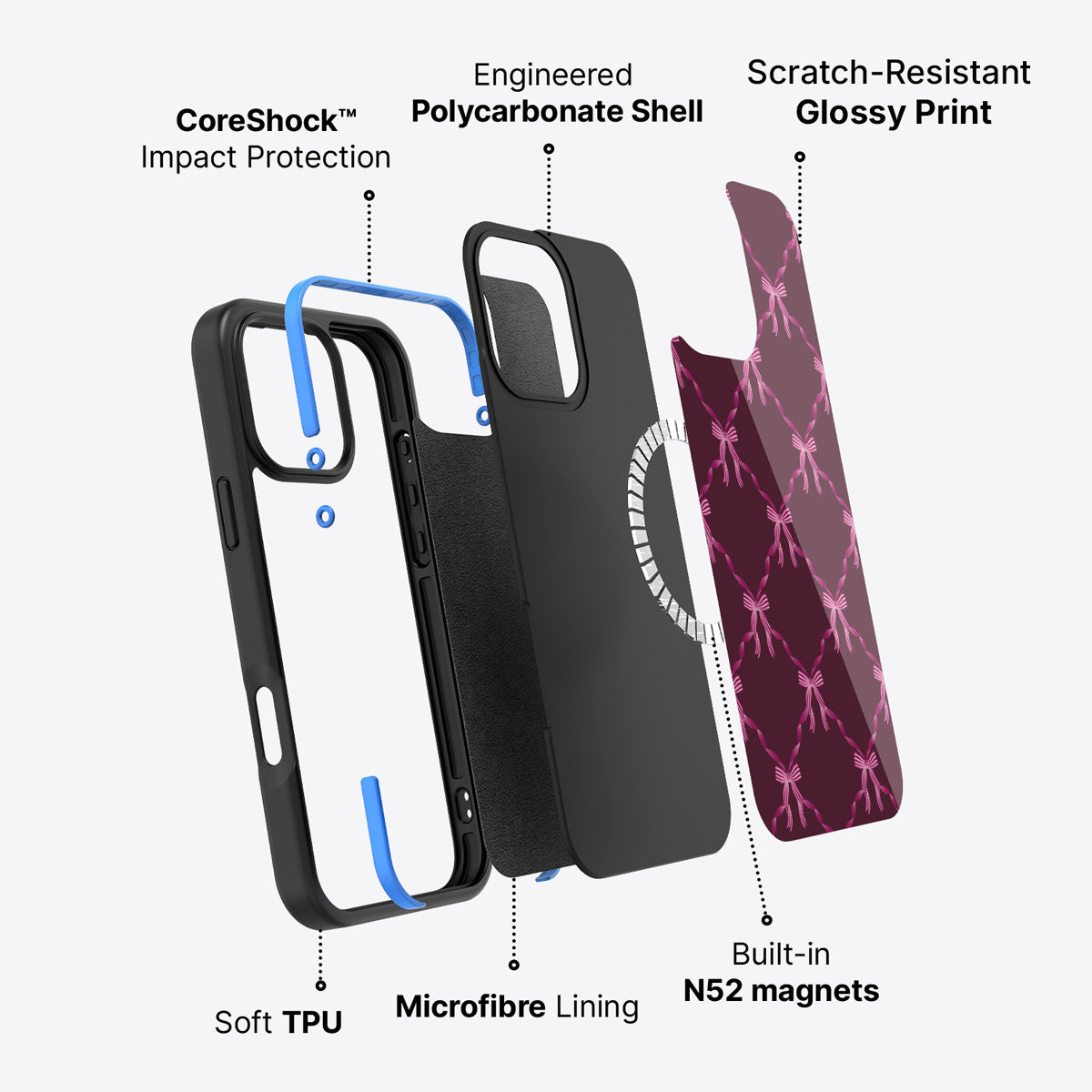 iPhone 16 Pro Max case construction – Bordeaux Bow phone case