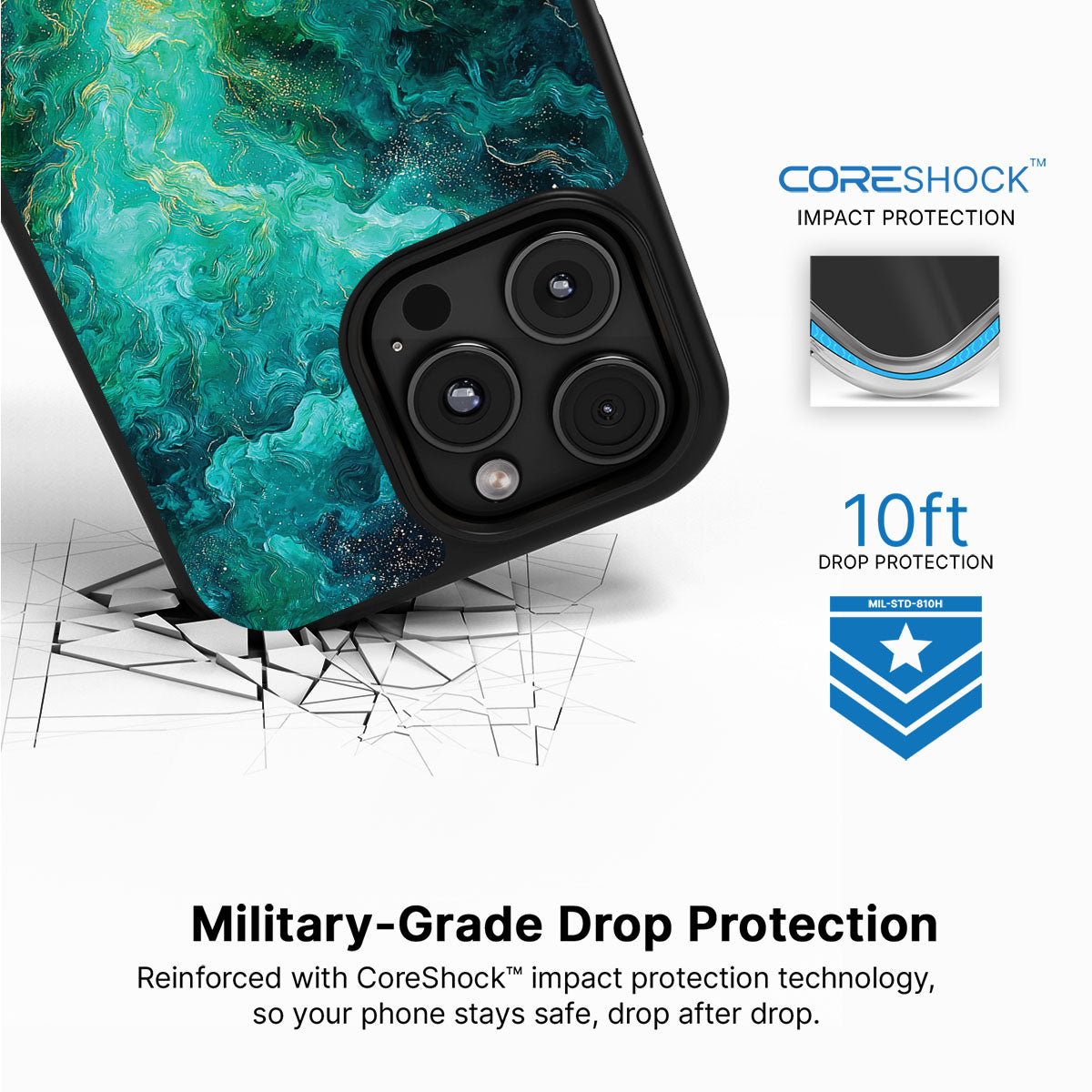 Emerald Storm iPhone 16 Pro Max case with drop protection