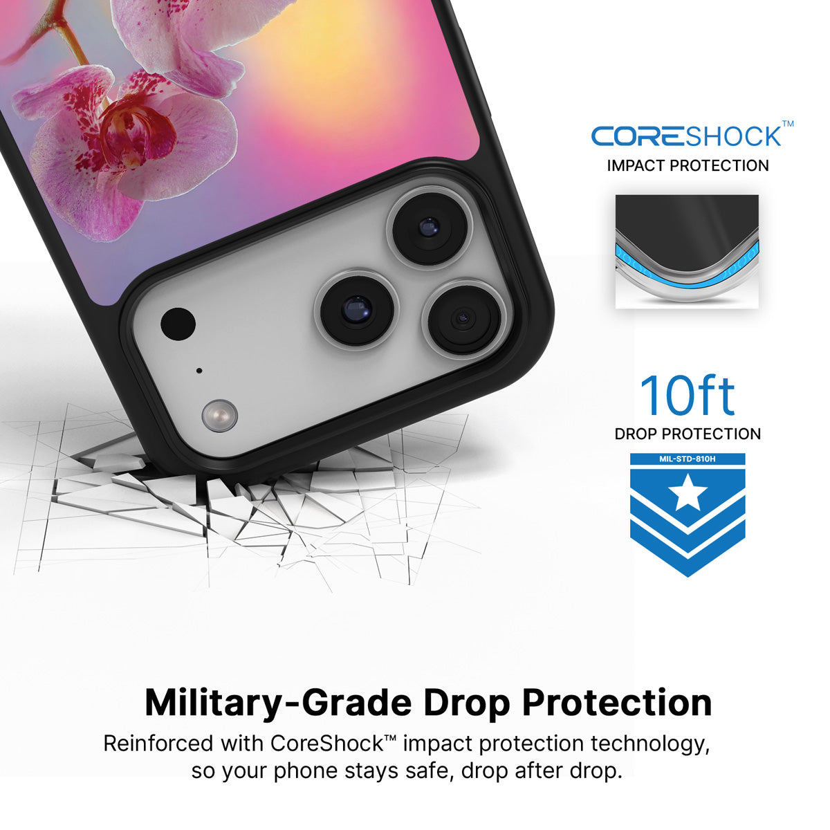 Orchid Dream iPhone 17 Pro case with drop protection