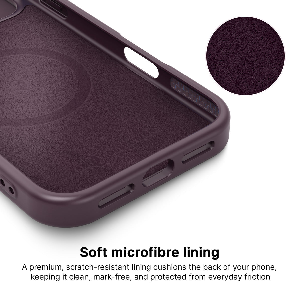 iPhone 18 Pro case interior – Burgundy Bloom microfibre lining