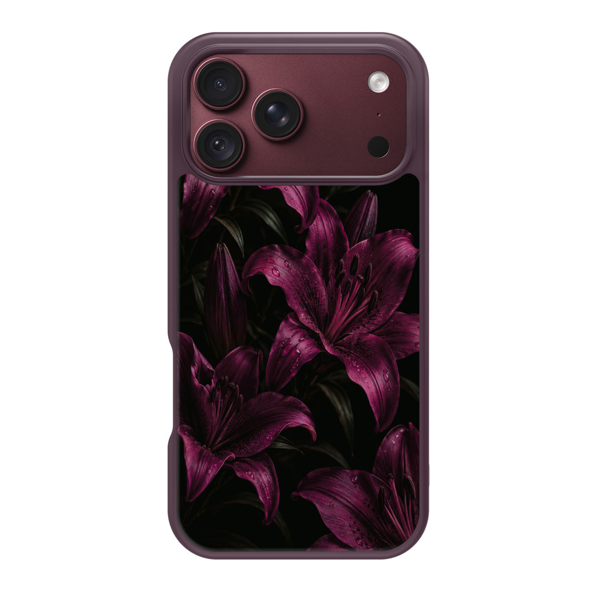 Burgundy Lily design back view – iPhone 18 Pro case