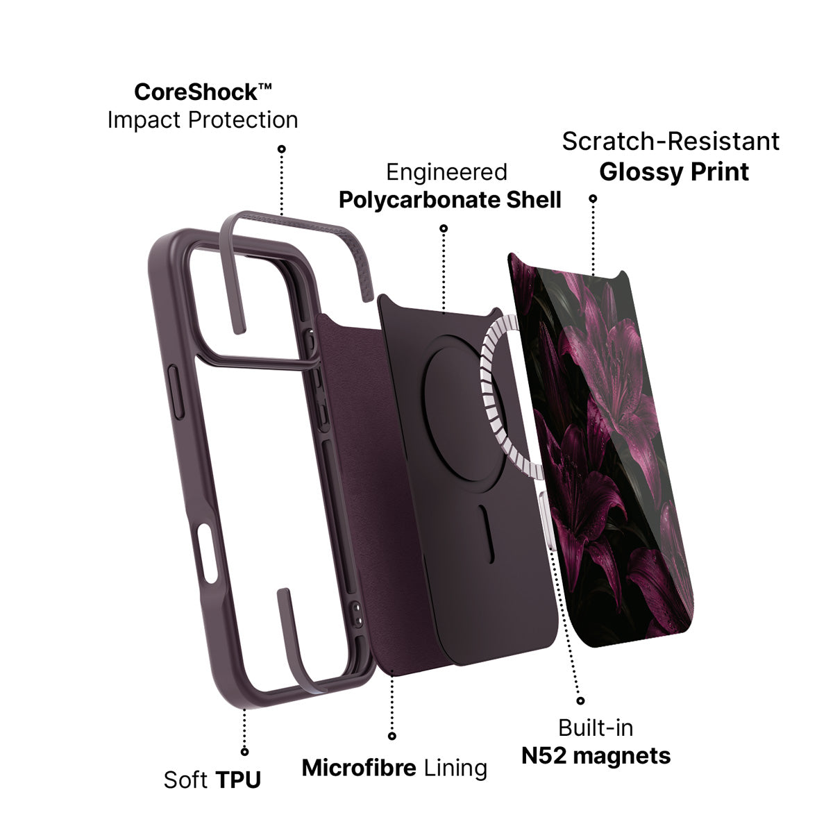 iPhone 18 Pro Max case construction – Burgundy Lily phone case
