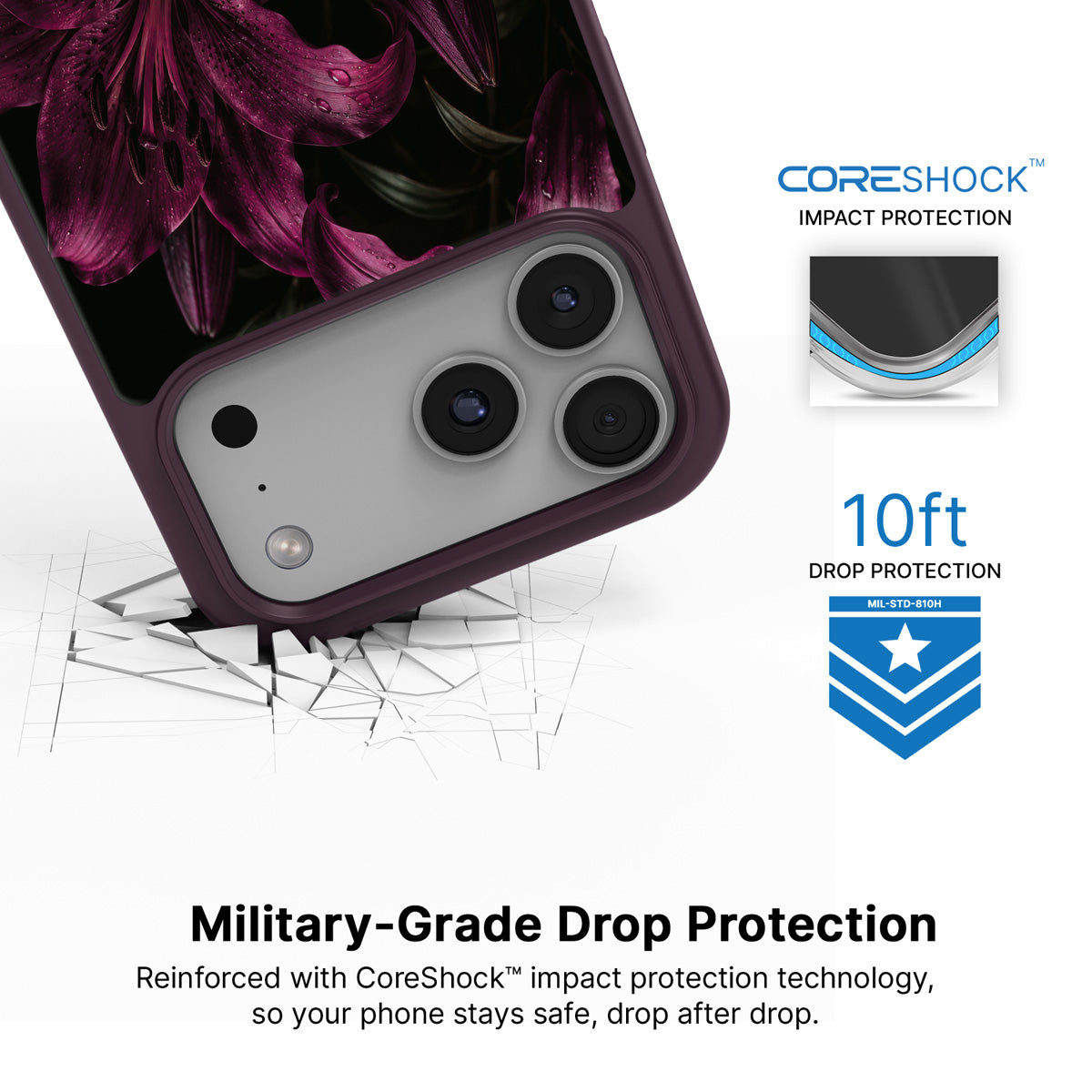 Burgundy Lily iPhone 18 Pro Max case with drop protection