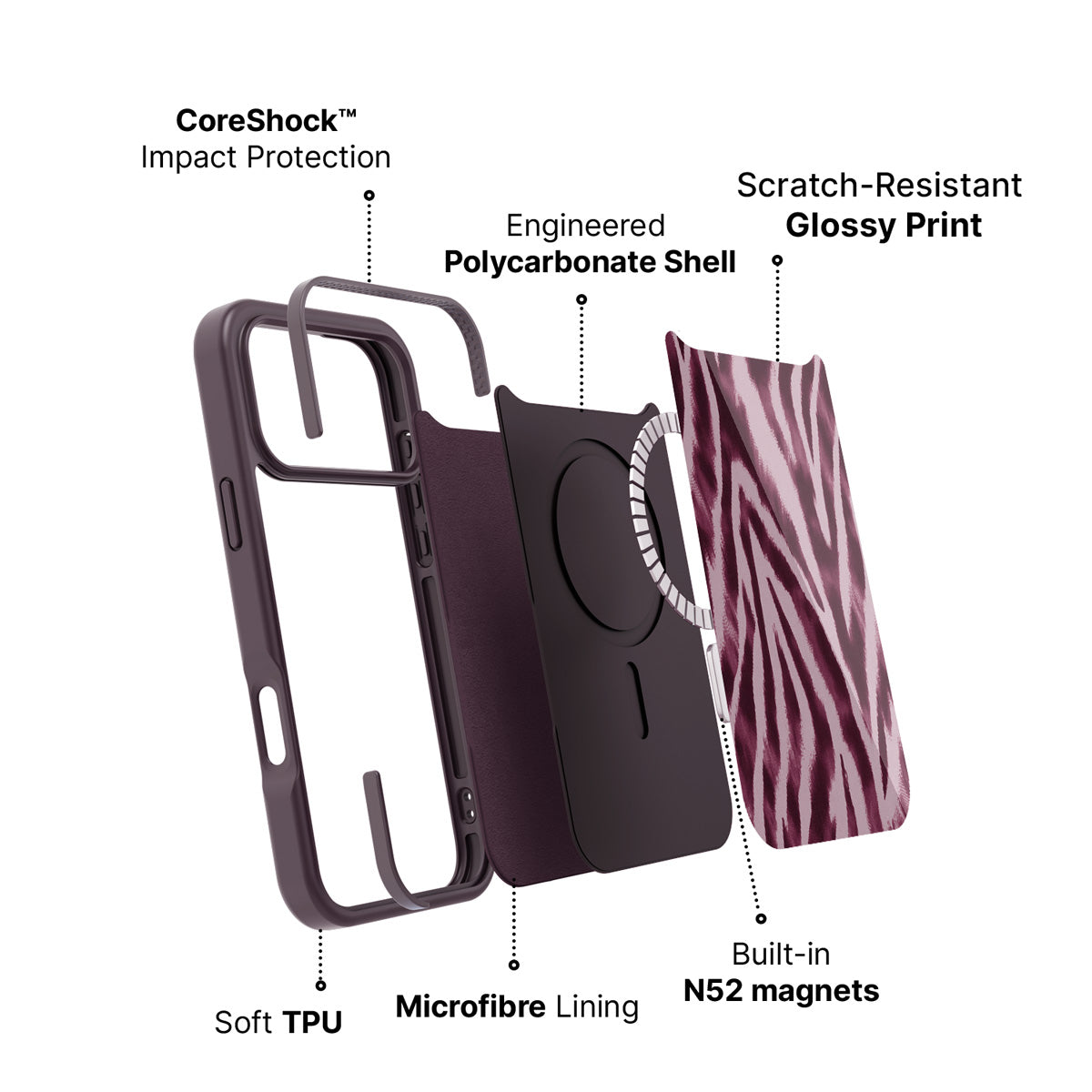 iPhone 18 Pro Max case construction – Sangria Zebra phone case