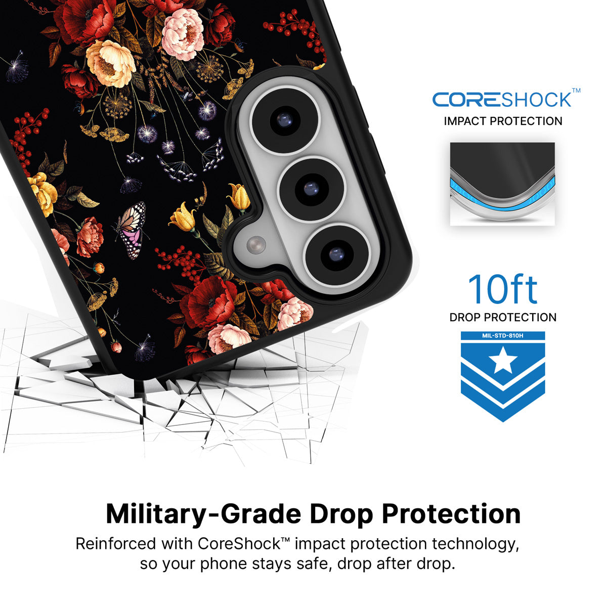 Kelmscott Bloom Samsung Galaxy S26 case with 10ft military-grade drop protection