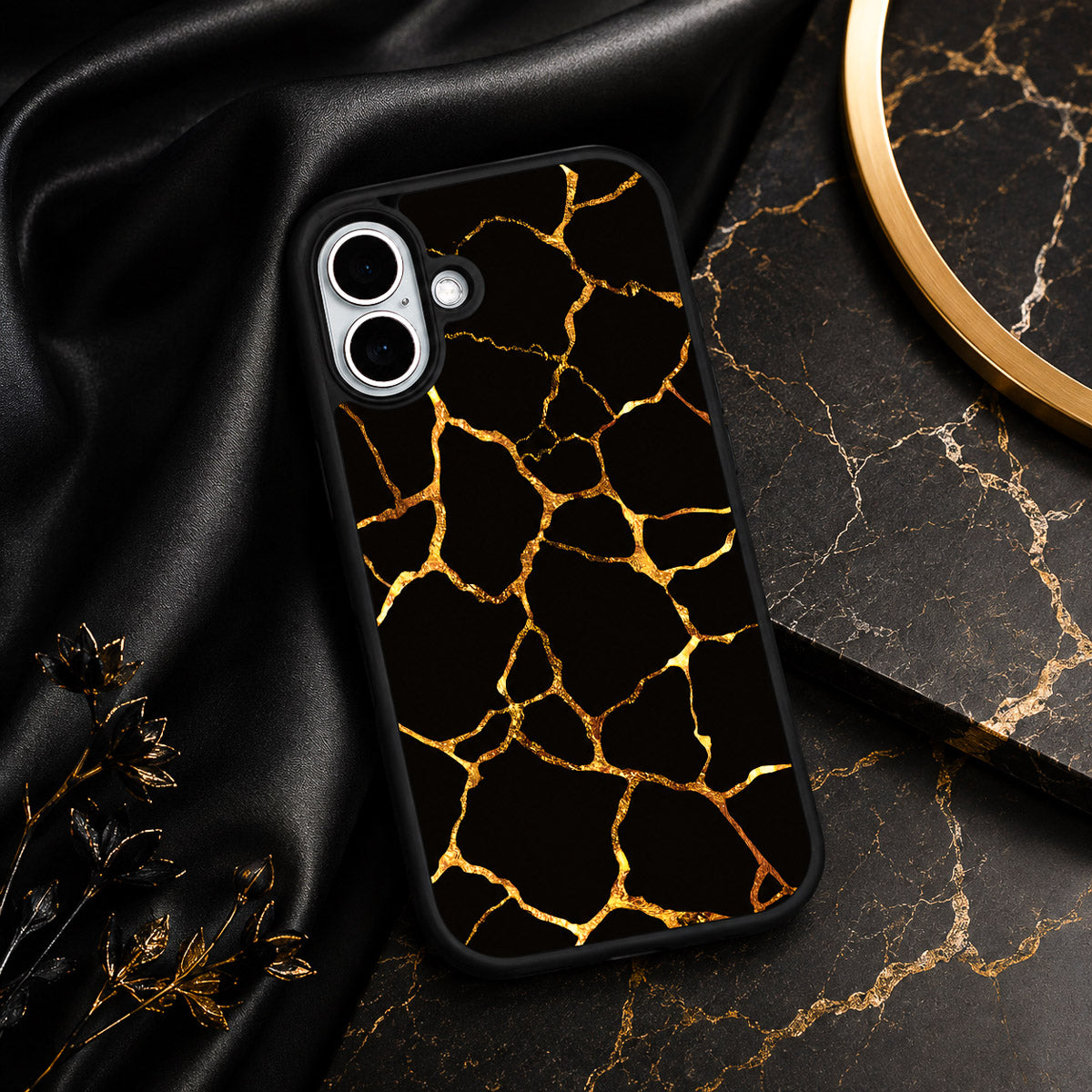 Black Gold Marble Designer iPhone 16 Plus Case – Kintsugi | MagSafe