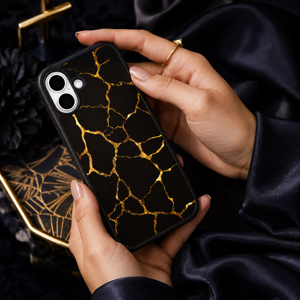 Black Gold Marble Designer iPhone 16 Plus Case – Kintsugi | MagSafe