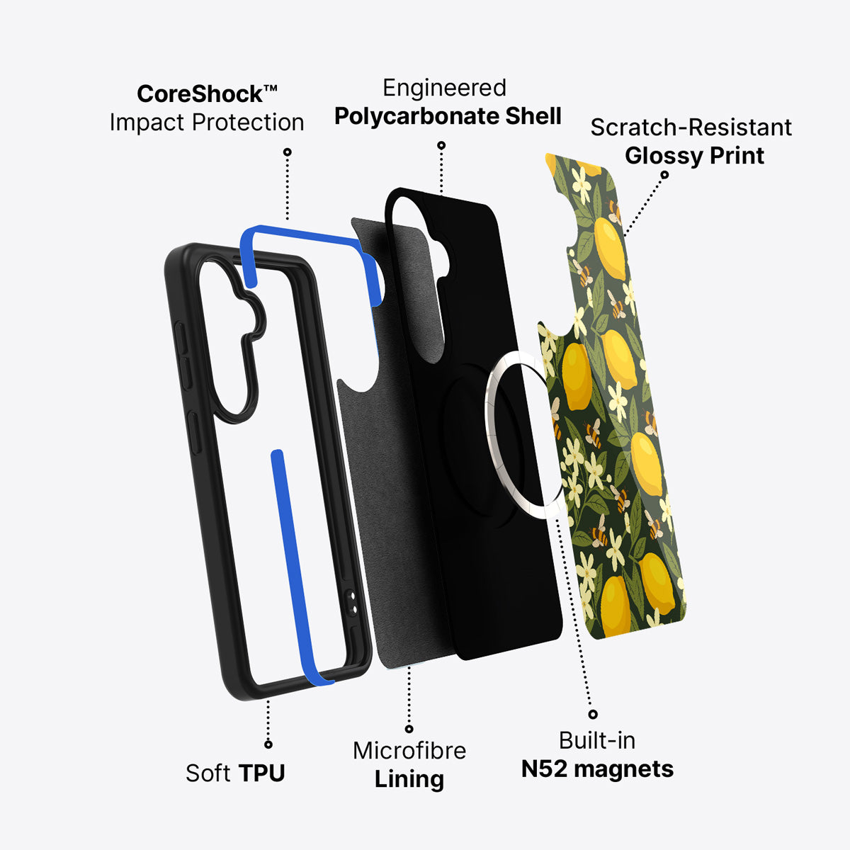Lemon and Bees Samsung Galaxy S26 Plus case – back and side view