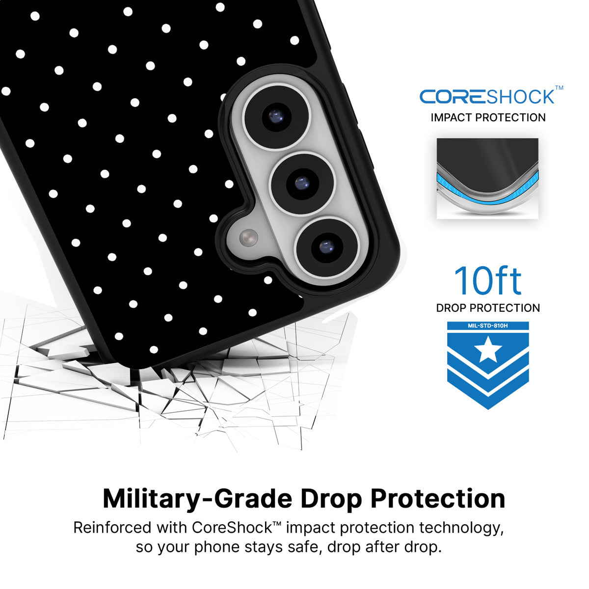 Midnight Confetti Samsung Galaxy S26 case with 10ft military-grade drop protection