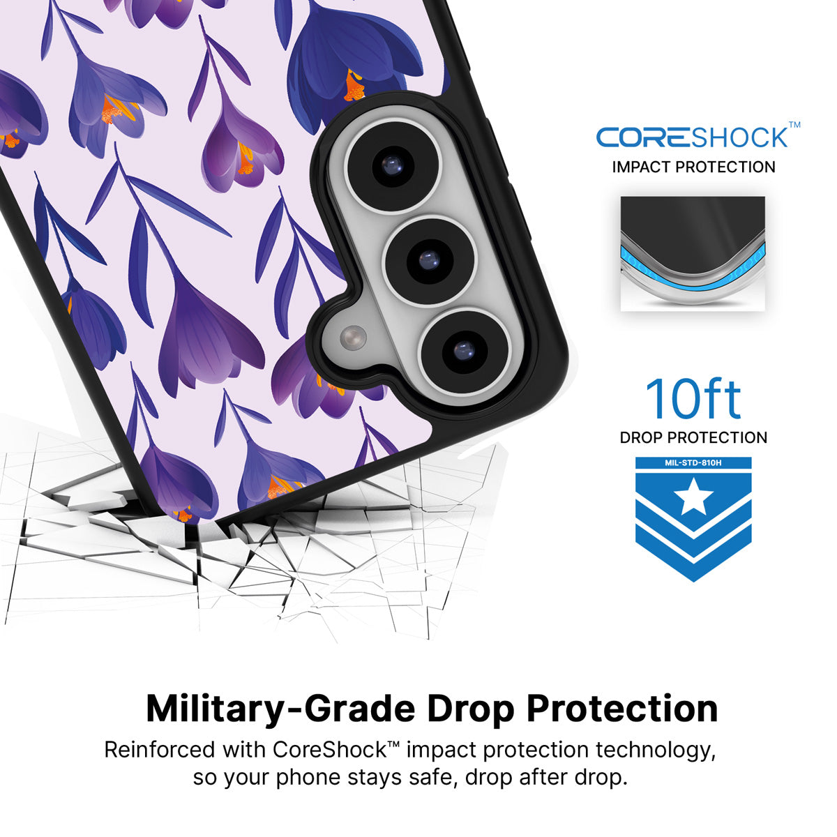 Midnight Crocus Samsung Galaxy S26 case with 10ft military-grade drop protection