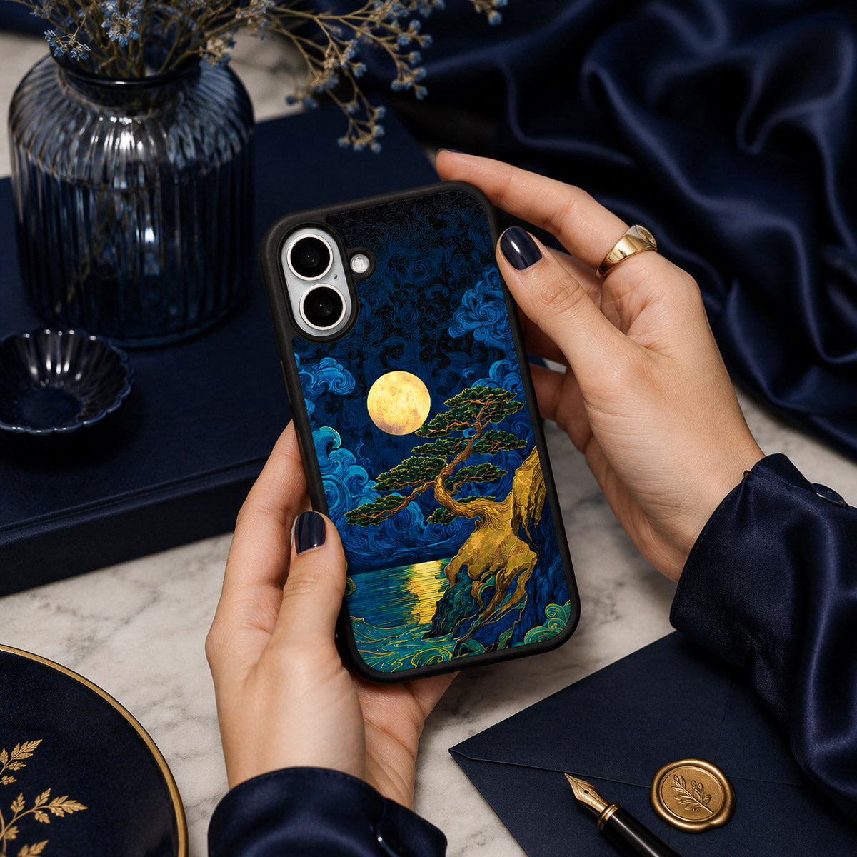 Dark Blue Designer iPhone 16 Case – Moonlit Tide | MagSafe
