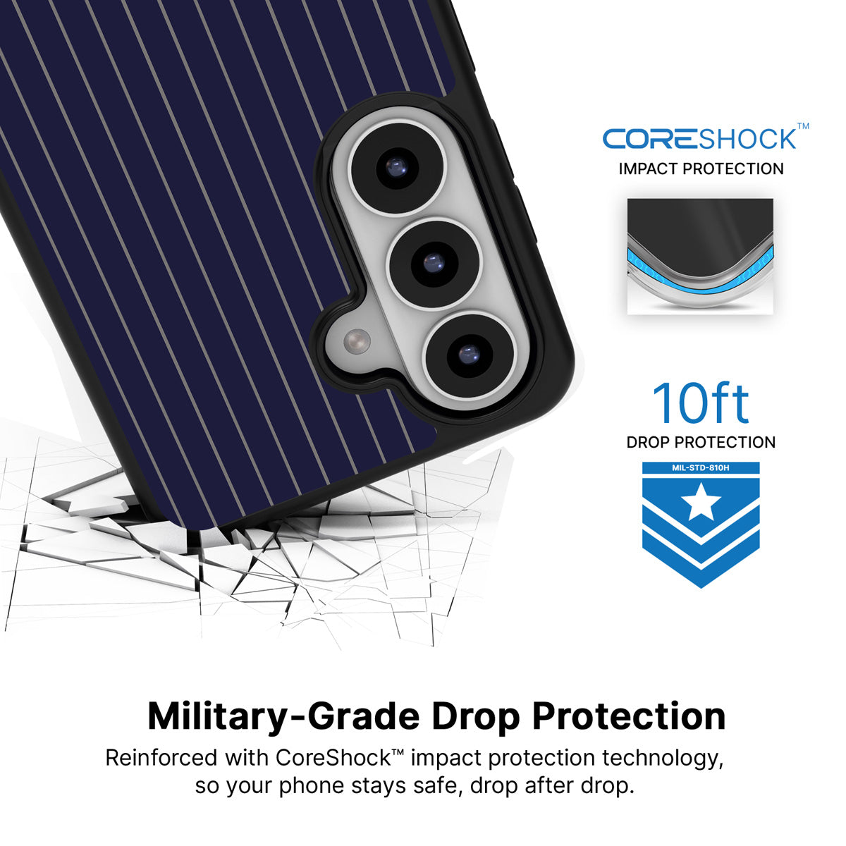 Navy Suits Samsung Galaxy S26 Plus case with 10ft military-grade drop protection