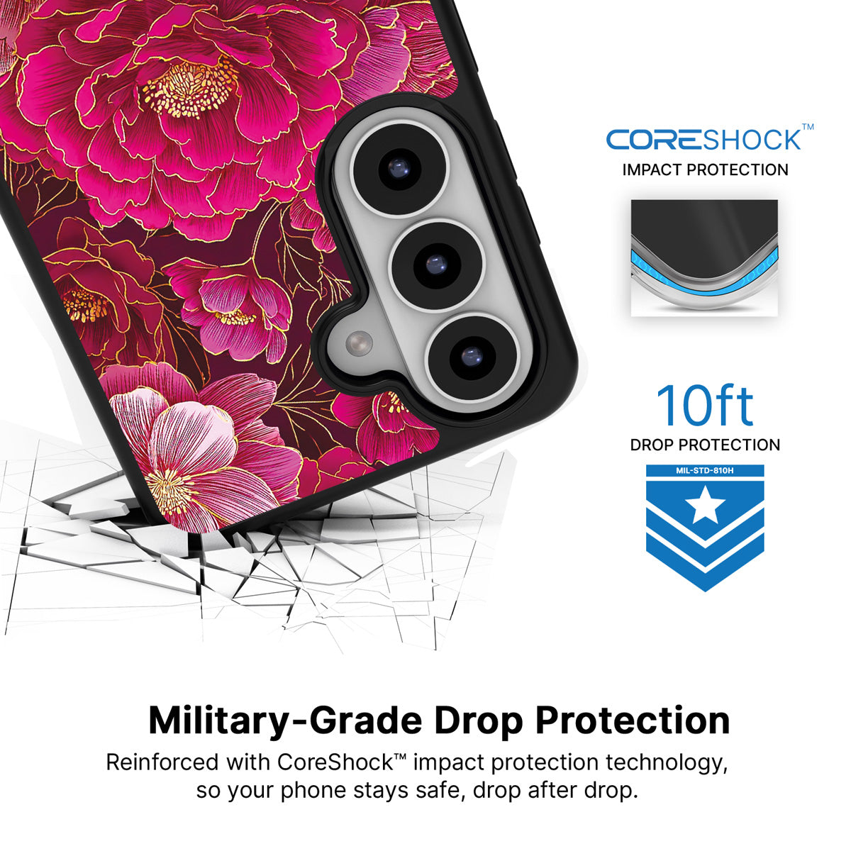 Pink Reverie Samsung Galaxy S26 Plus case with 10ft military-grade drop protection