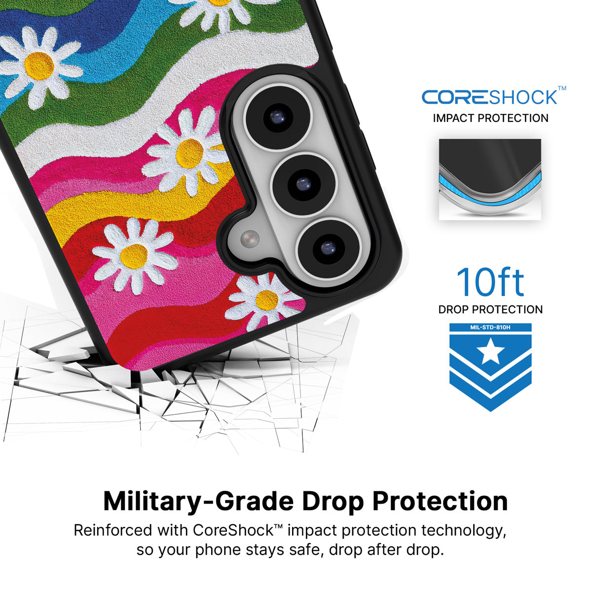 Rainbow Daisy Samsung Galaxy S26 Plus case with 10ft military-grade drop protection