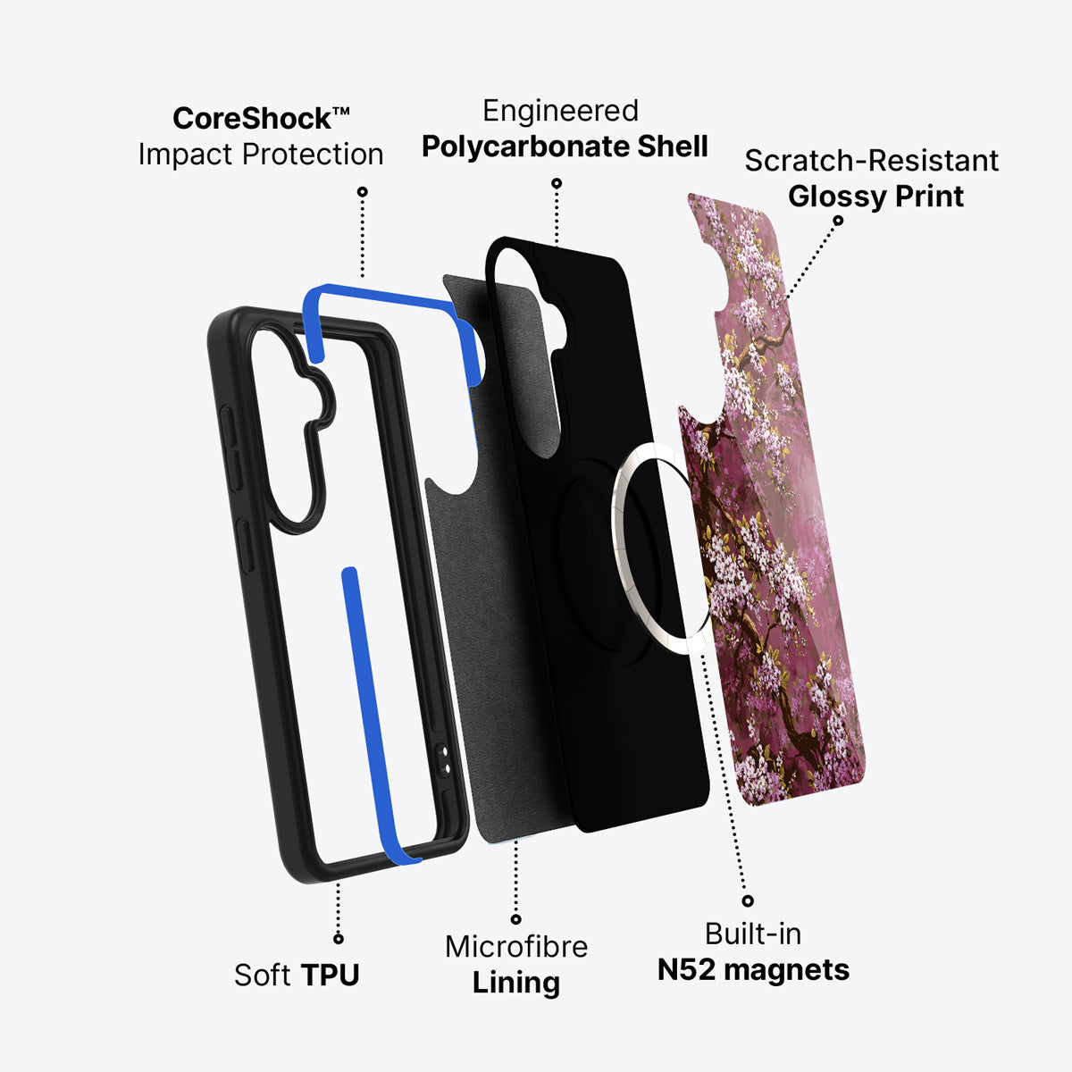 Samsung Galaxy S26 Plus case construction and features – Rose Whisper phone case