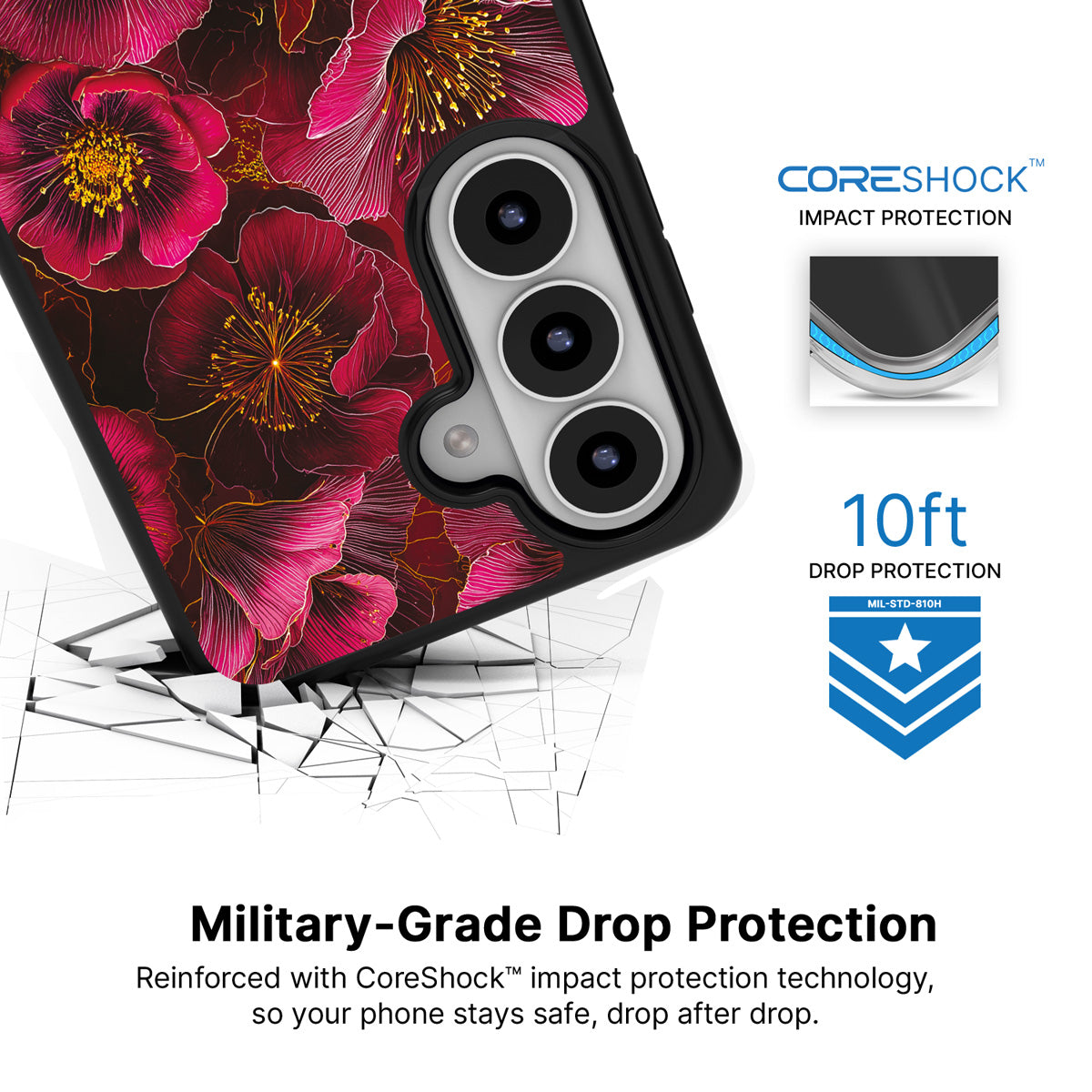 Ruby Flora Samsung Galaxy S26 Plus case with 10ft military-grade drop protection