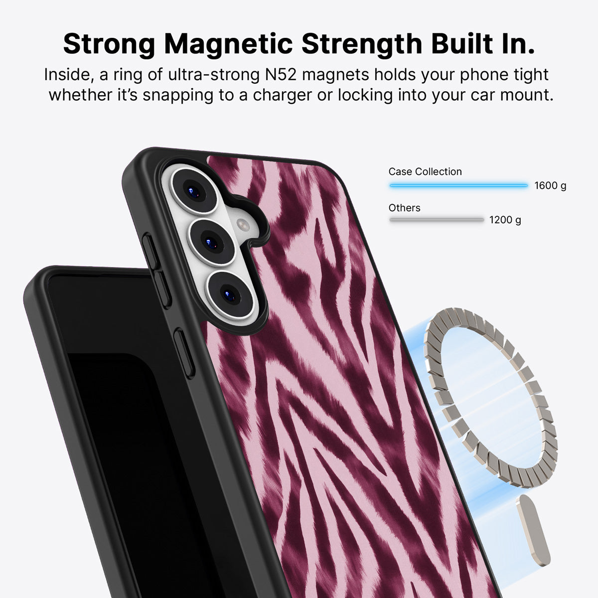 Samsung Galaxy S26 Qi2 magnetic case with N52 magnets – Sangria Zebra design